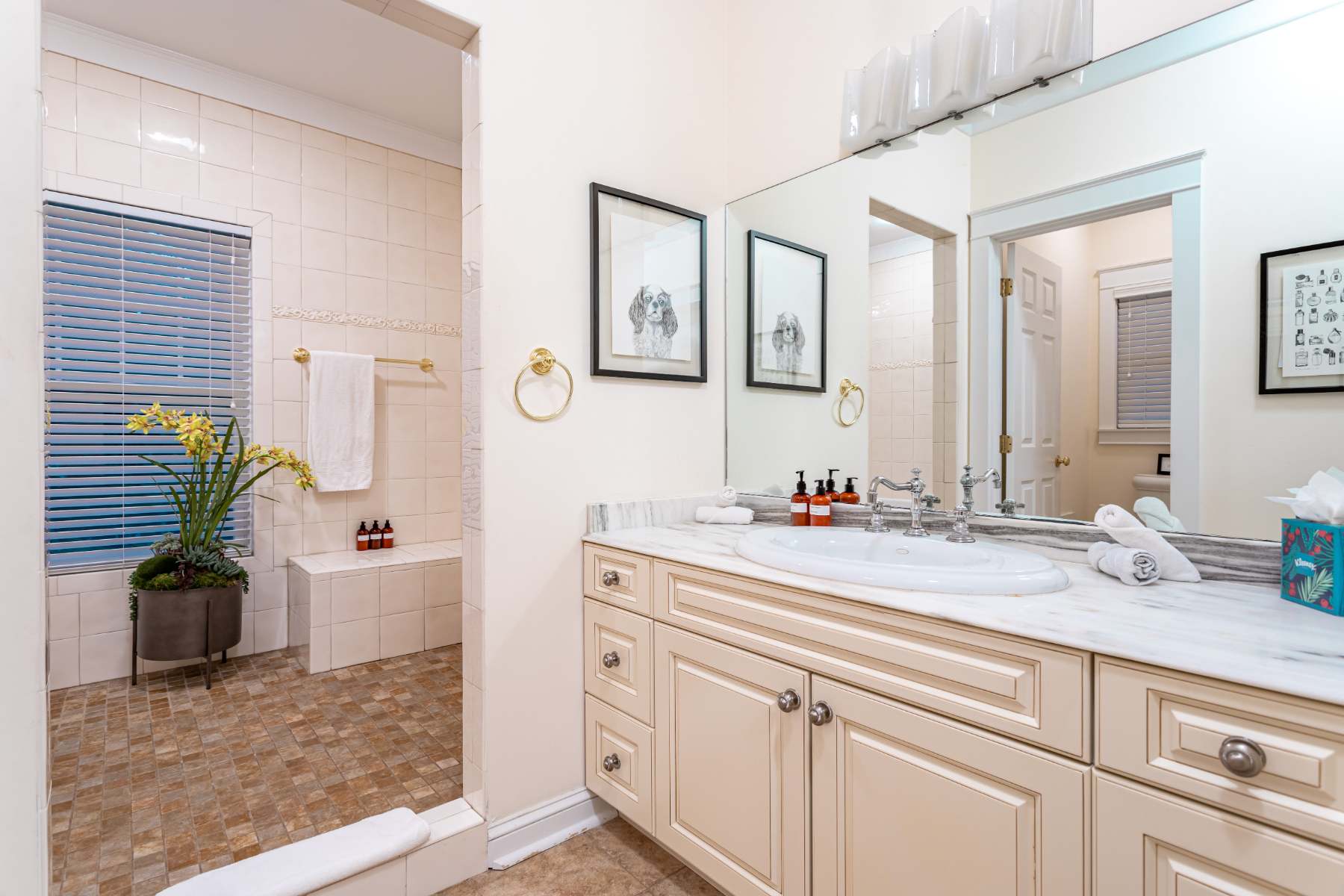 A bright bathroom with a white marble-top vanity, a large mirror, and a tiled walk-in shower area with a small bench and a plant in a dark planter, featuring light-colored tiles.
