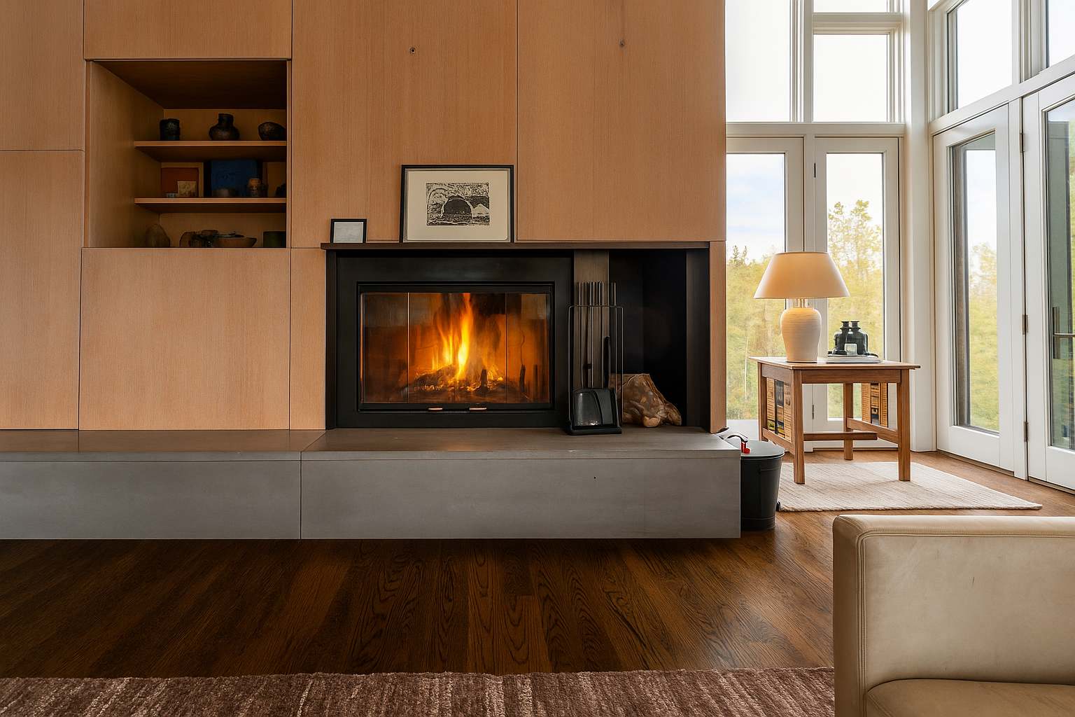 A modern living room features dark wood floors, a large built-in fireplace with a concrete hearth, and light wood paneling, with tall windows and glass doors providing ample natural light and views of the outdoors.