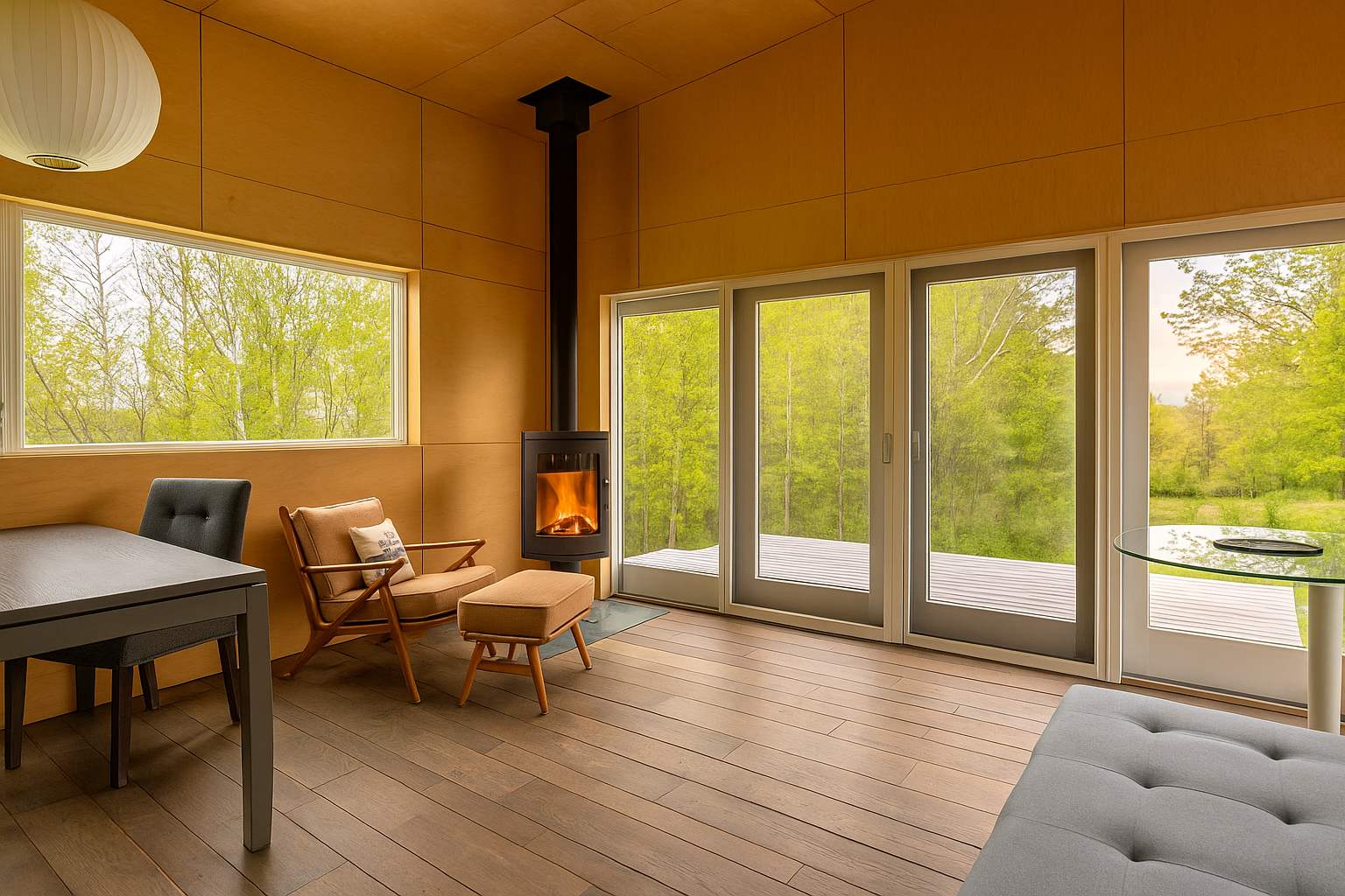 A cozy living space features light wood paneling, dark wood floors, and a modern black wood-burning stove, with large windows and glass doors opening to a deck and views of lush green trees.