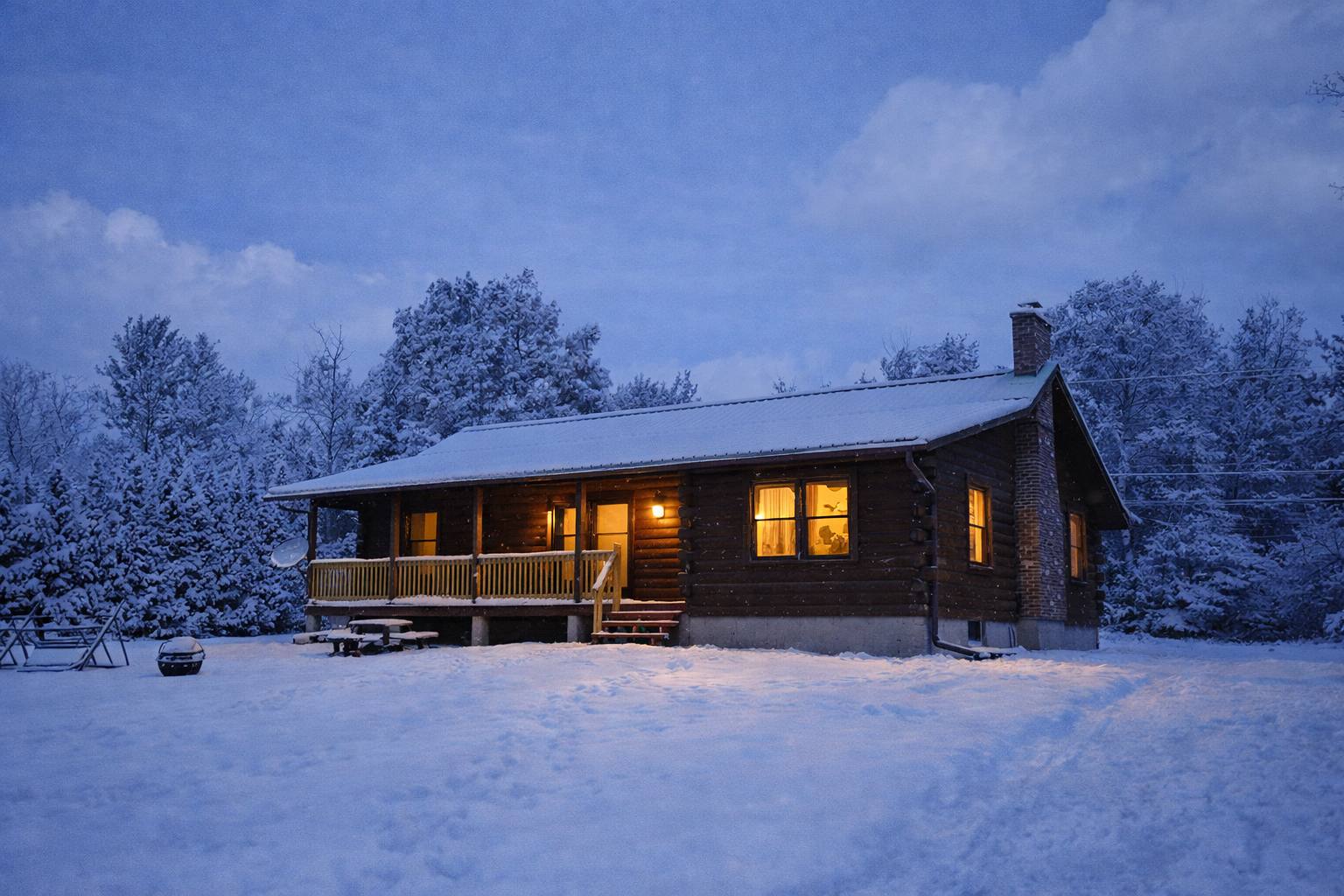Charming log cabin covered in snow at dusk, with warm lights glowing from the windows and porch, surrounded by snow-covered trees under a twilight sky.