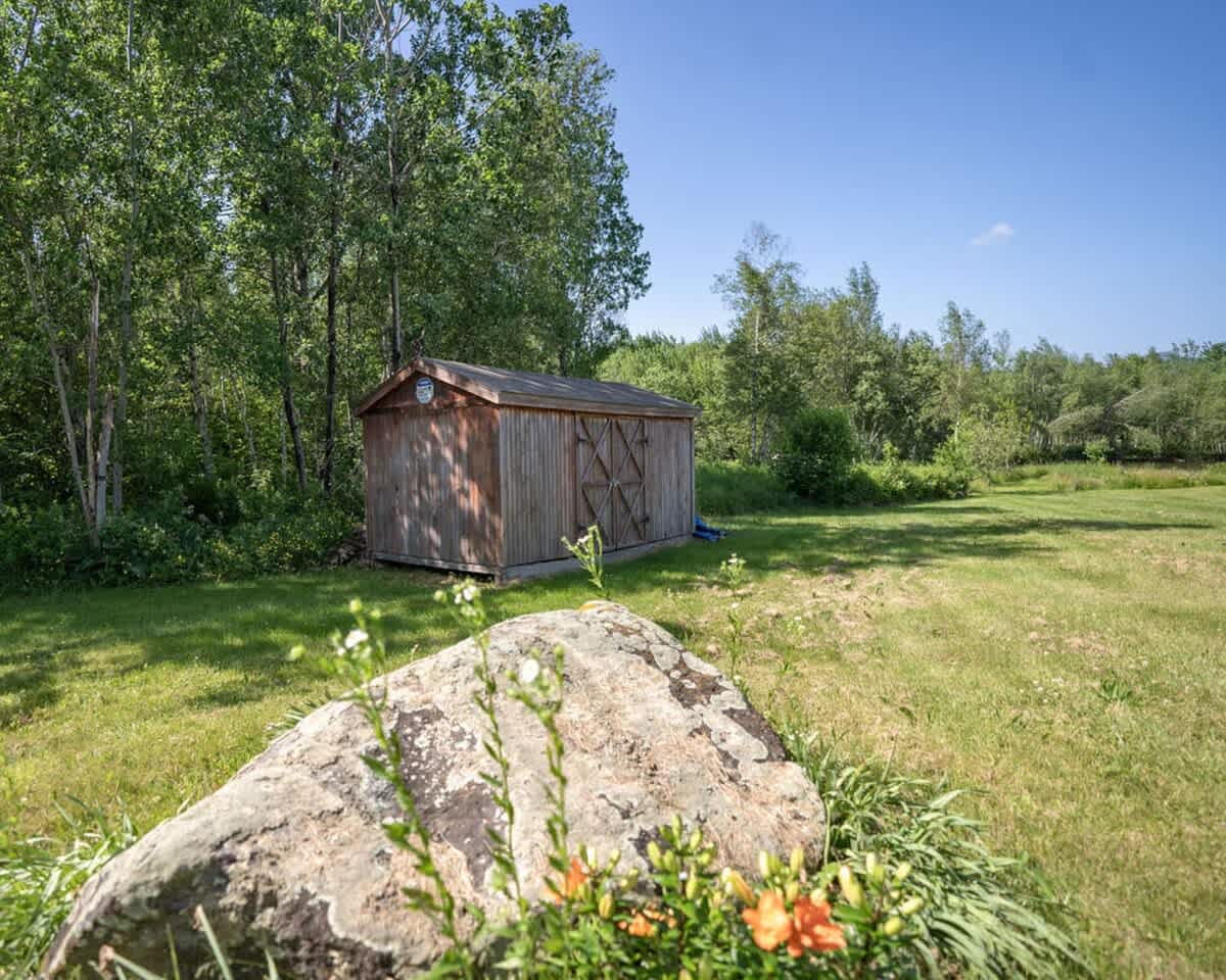 Sunny outdoor scene with a small wooden shed in a grassy yard, surrounded by lush green trees and a large rock with some orange flowers in the foreground.