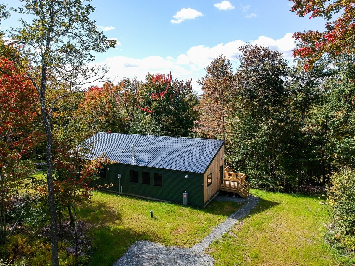 Aerial view of a modern dark green cabin with a dark metal roof, nestled among vibrant autumn trees. A wooden deck is visible on the side, and a gravel path leads to the entrance, highlighting its tranquil, rural setting.