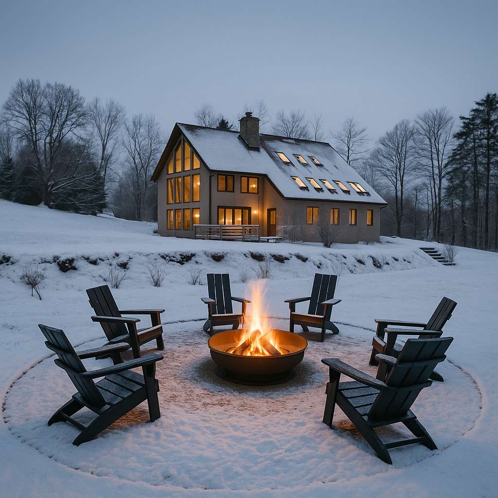 Winter scene featuring a circular fire pit with a roaring fire, surrounded by six black Adirondack chairs covered in snow, with a large house illuminated in the background against a snowy landscape and bare trees.