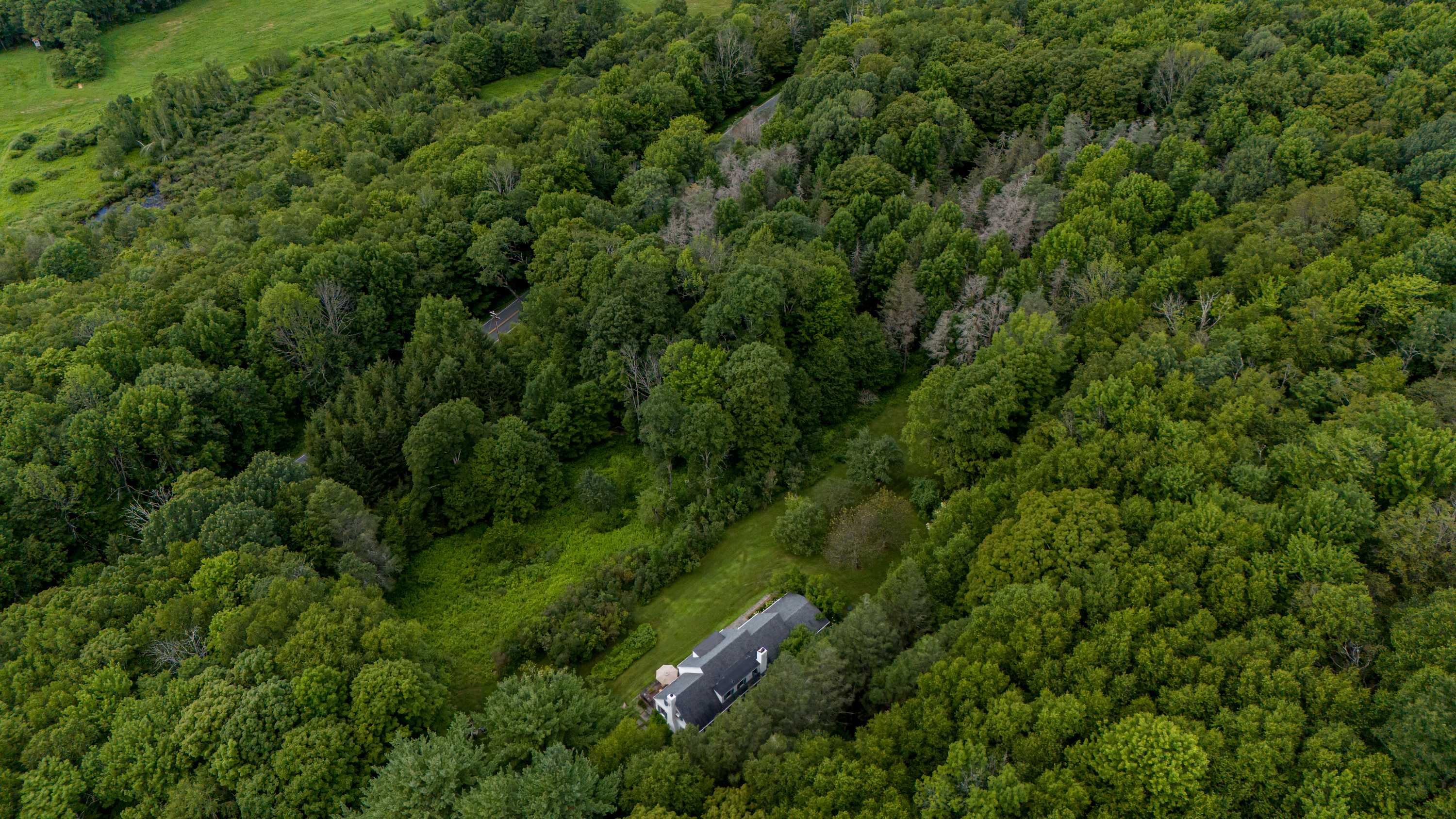 Wide aerial shot showcasing the house as a small white structure surrounded by vast, dense green forests and rolling hills, emphasizing its secluded, rural location and mountain views.