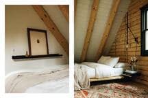 A split image showcasing a low-profile bed with white bedding in a loft bedroom, featuring sloped ceilings and log walls, alongside a close-up of a minimalist wall shelf with a framed picture.