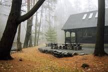 Rustic log cabin with a covered porch and dark roof, set amidst a foggy forest with autumn leaves scattered on the ground. A stone wall and outdoor seating area are visible in the foreground.