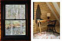 A split image featuring a close-up of a dark-trimmed window offering views of a forest and river, paired with a wider shot of a rustic bedroom. The bedroom includes a wooden desk and chair, log walls, and a sloped ceiling.