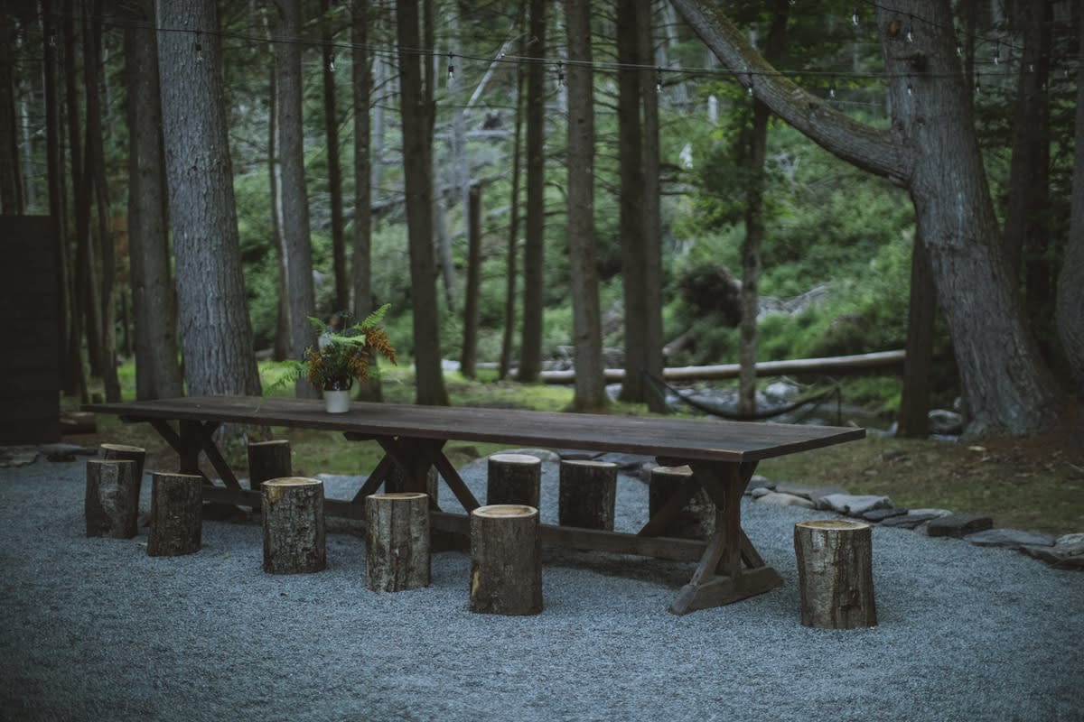 Close-up of a rustic long wooden dining table with tree stump seats on a gravel ground, set amidst a lush green forest. A small vase with greenery decorates the table.