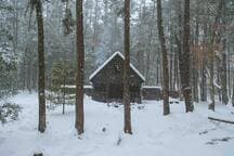 A cozy log cabin nestled in a snow-covered forest, with tall pine trees surrounding the property. The cabin has a dark exterior and a snow-dusted roof, evoking a serene winter retreat.