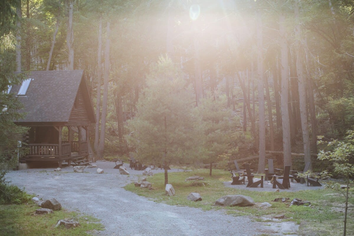 Ground-level view of the rustic log cabin's front porch, with a gravel path leading to multiple outdoor seating arrangements. Tall trees and a bright sun flare illuminate the forest setting.