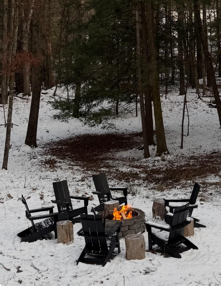 An inviting outdoor fire pit area is set in a snowy forest clearing, featuring a stone fire pit with a roaring fire surrounded by black Adirondack chairs and wooden stump side tables. Tall trees and snow-covered ground complete the serene winter scene.