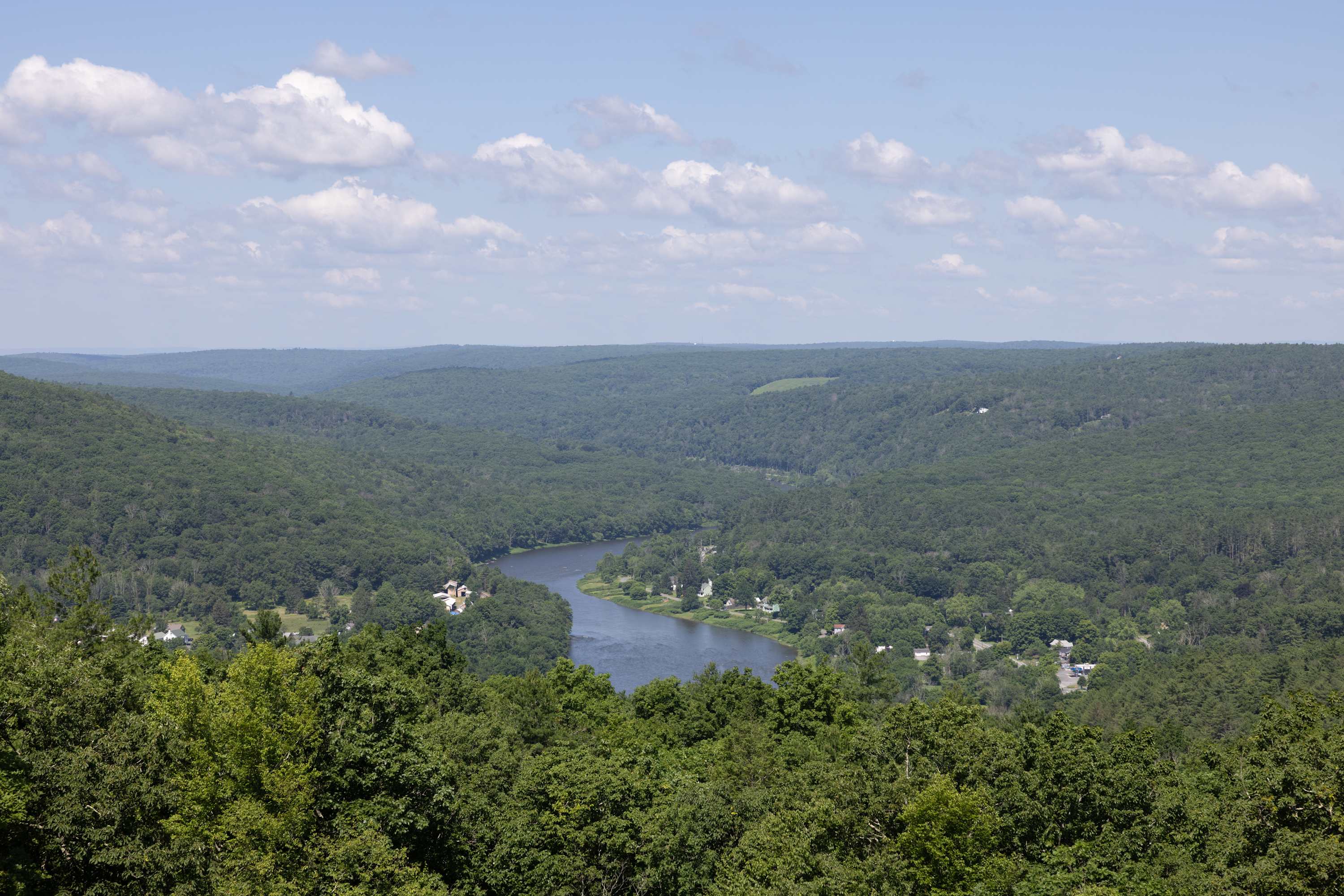 A stunning panoramic landscape view of a vast, verdant valley covered in dense green trees, with a winding river and a small town visible in the distance under a bright blue sky with scattered clouds.