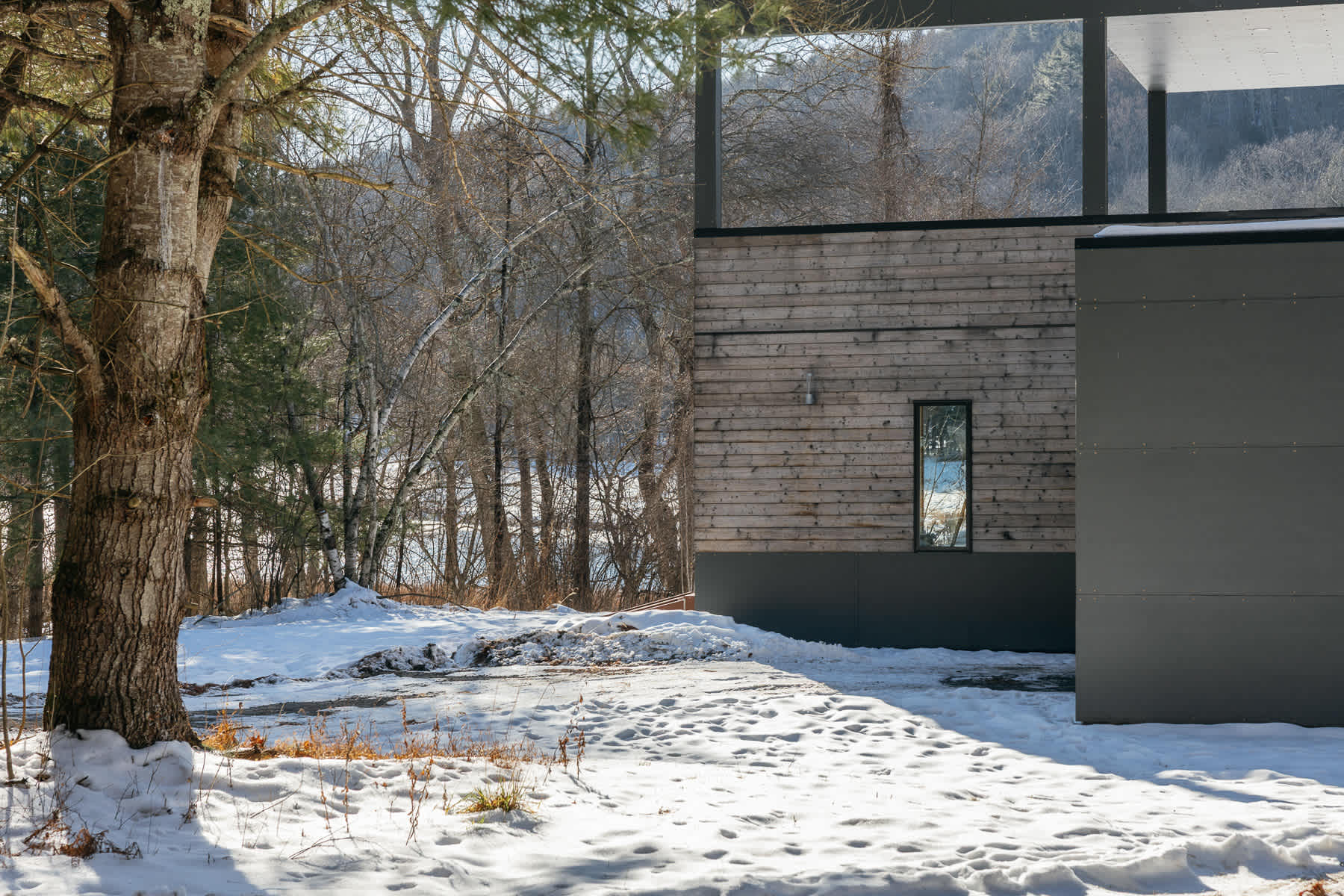 A view of the house's wooden-sided exterior with a single vertical window, framed by a large tree in the foreground and a snowy landscape.