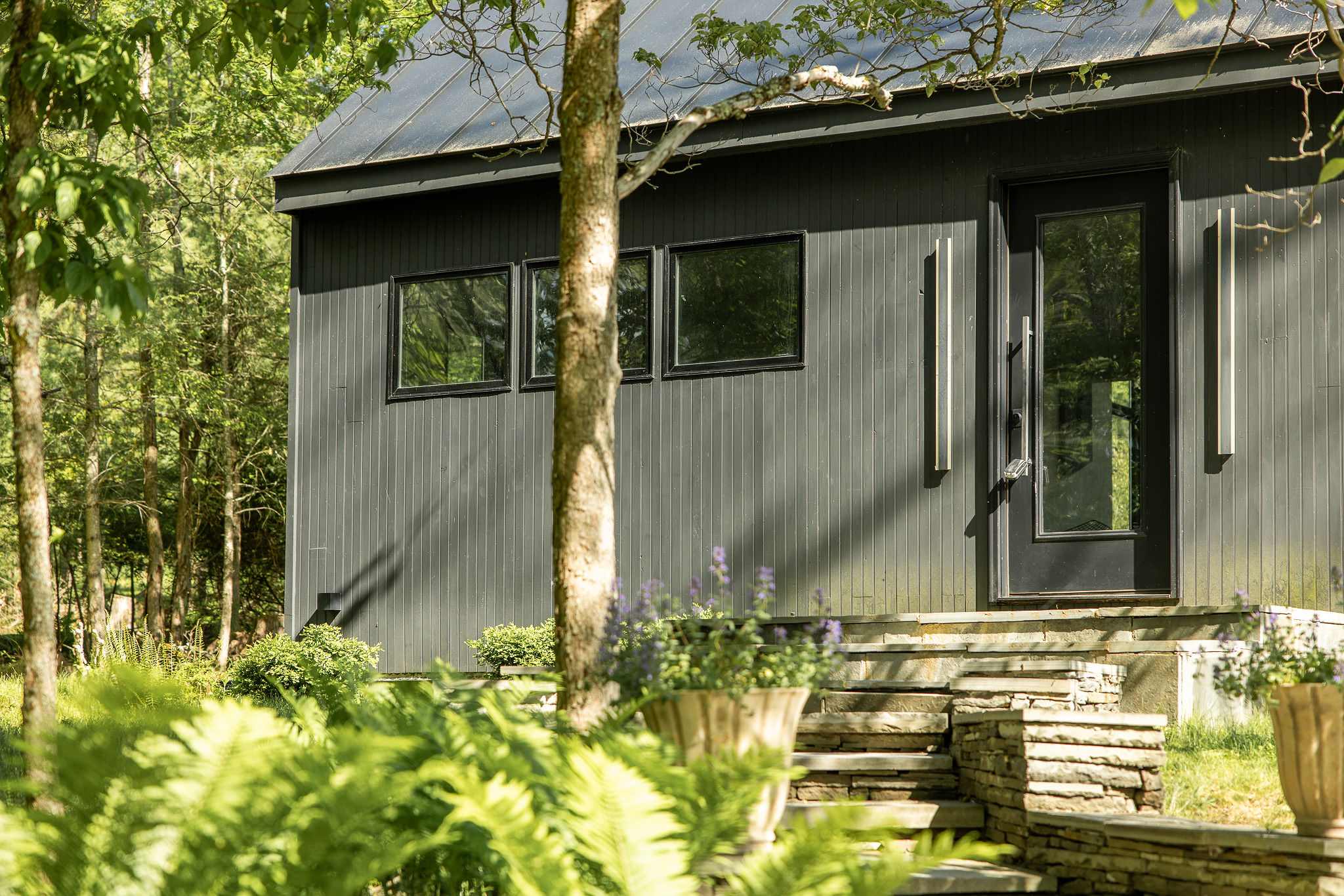 Close-up of the modern black house exterior, featuring vertical siding and a dark framed glass door with long metal handles. Lush green ferns and trees surround the entrance, with stone steps leading up to the door.