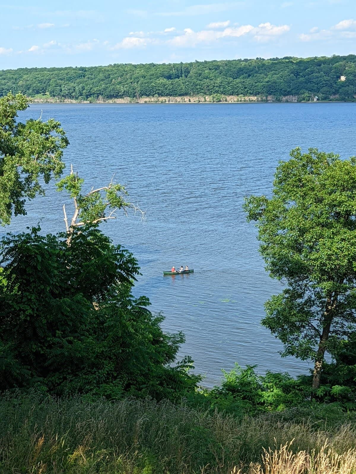 A serene view of a wide blue river or lake, framed by lush green trees and foliage in the foreground, with a small canoe carrying three people paddling in the distance. The far bank is lined with dense forest under a bright sky.