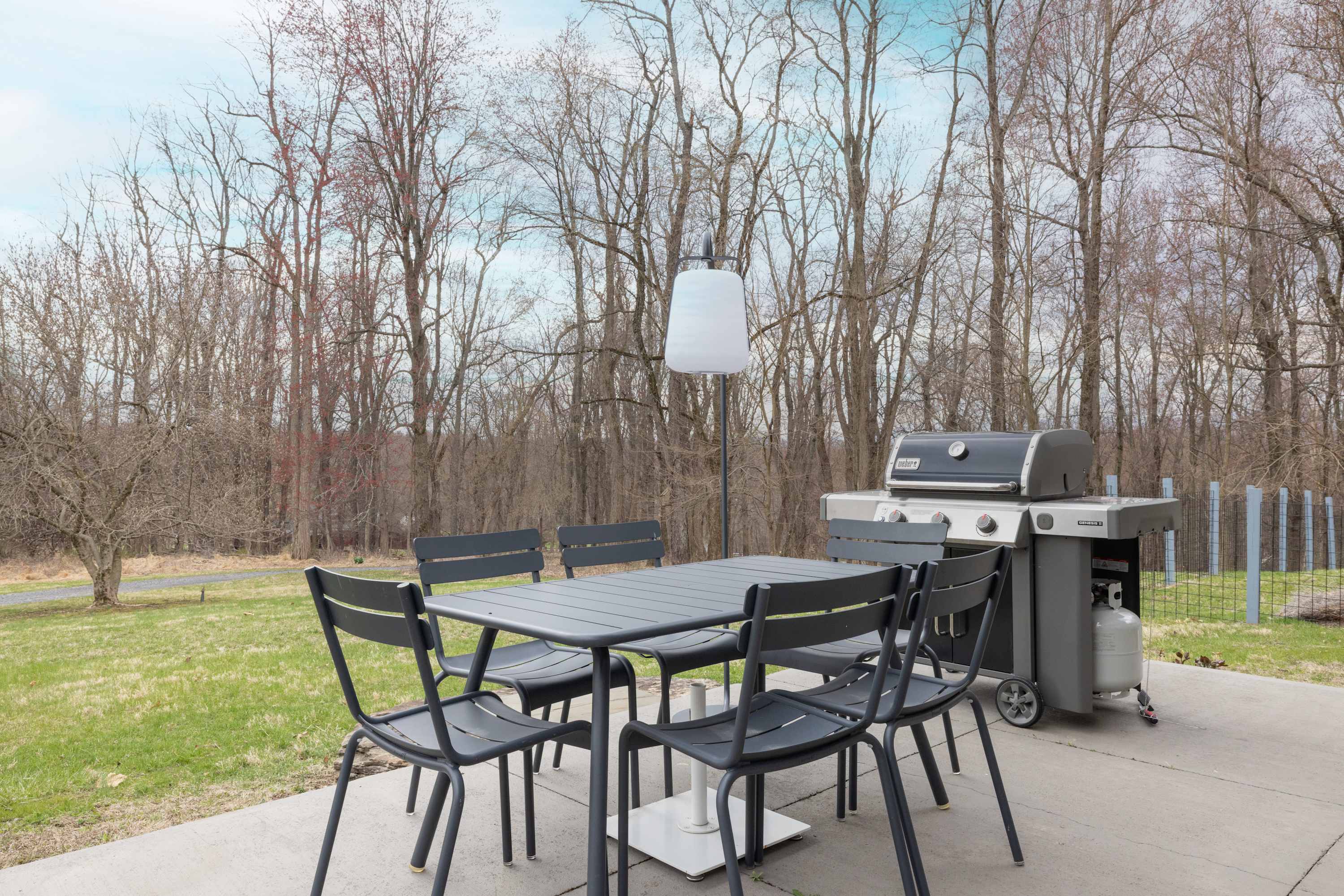 An outdoor patio with a dark gray dining table and matching chairs, accompanied by a large BBQ grill and a standing outdoor lamp. The area is surrounded by bare trees, suggesting a natural, secluded setting.