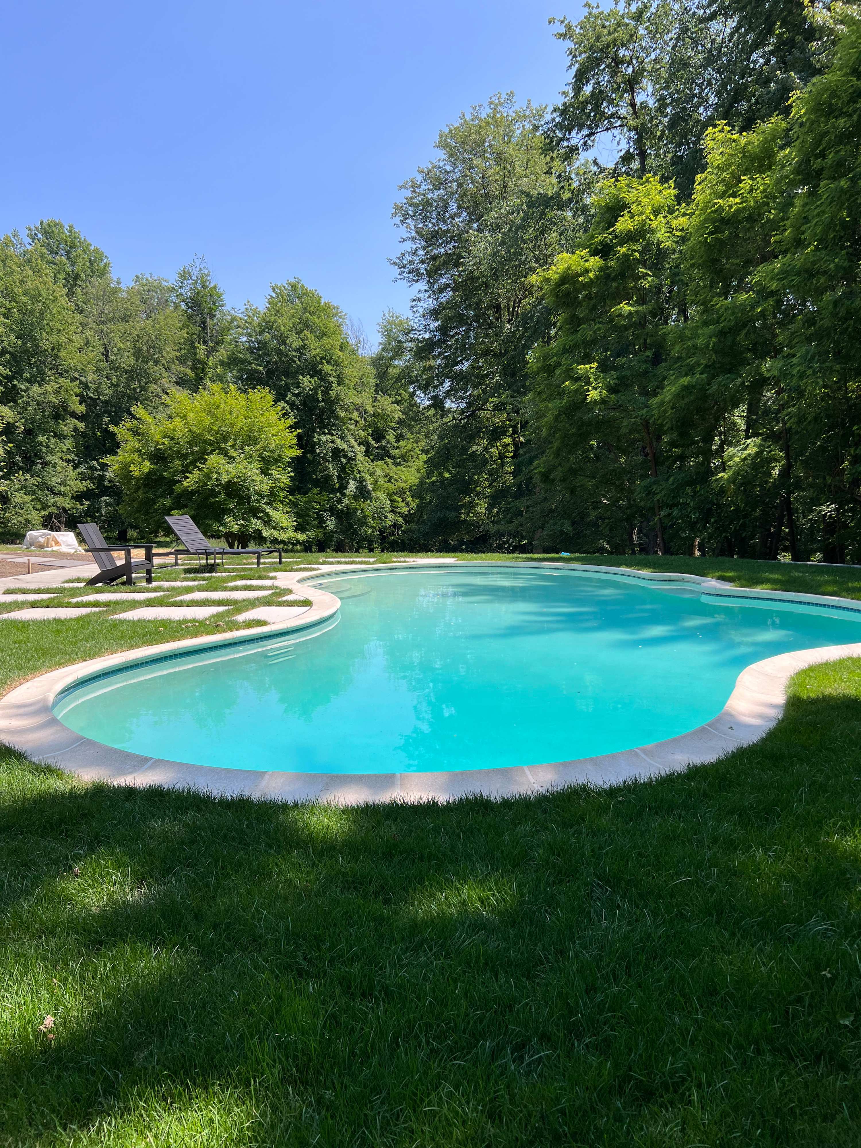 A freeform, kidney-shaped swimming pool with bright turquoise water, surrounded by lush green grass and mature trees under a clear blue sky. Two dark wooden lounge chairs are visible on a paved area next to the pool.