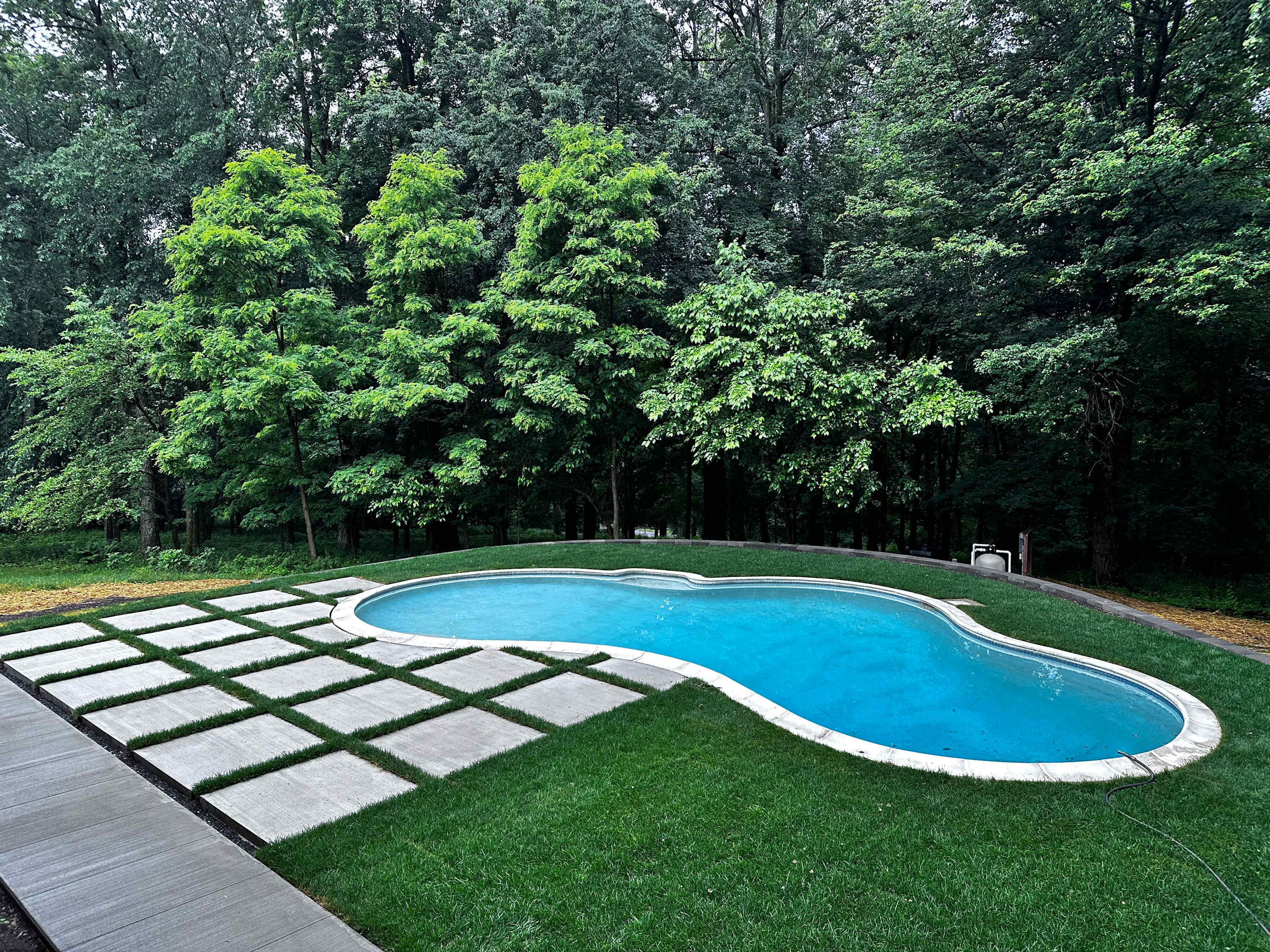 An irregularly shaped swimming pool with blue water, set amidst a large expanse of green lawn and dense forest. A modern patio area with square concrete pavers separated by grass strips leads to the pool.