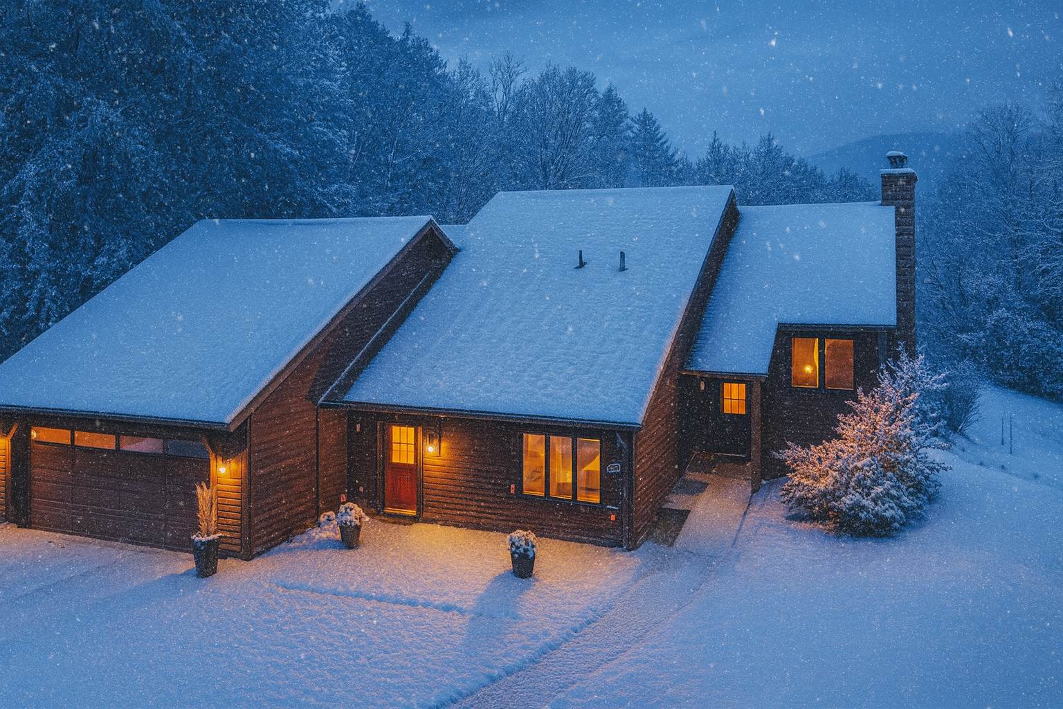 The front exterior of the house and attached garage in a serene winter setting, covered in fresh snow. Warm lights glow from the windows and entrance, highlighting a decorated evergreen tree near the front door.