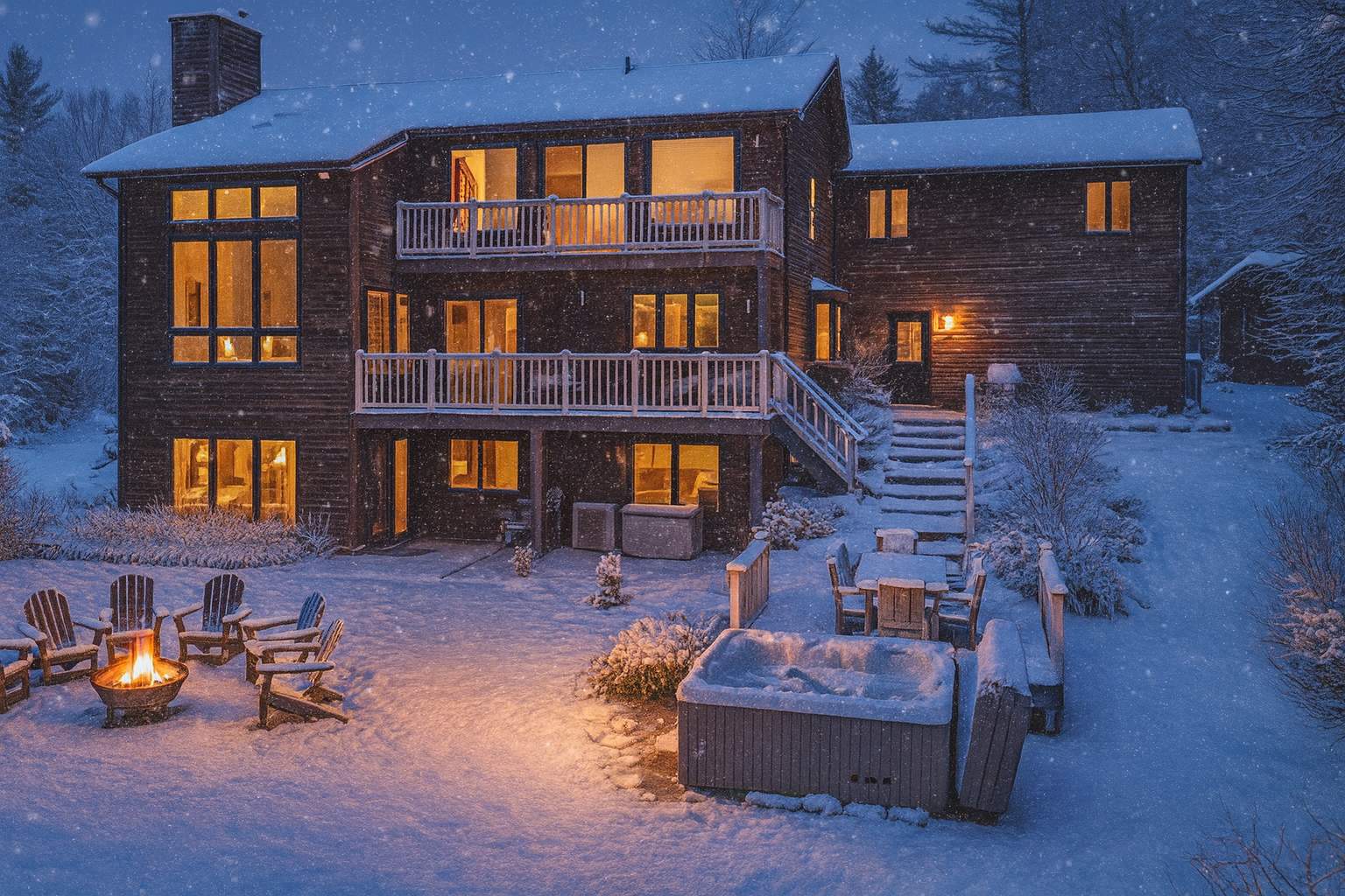 The multi-level wooden house exterior in a snowy winter scene, with lights illuminating the balconies, decks, hot tub, and fire pit area. Snow covers the ground, trees, and structures, creating a cozy evening ambiance.