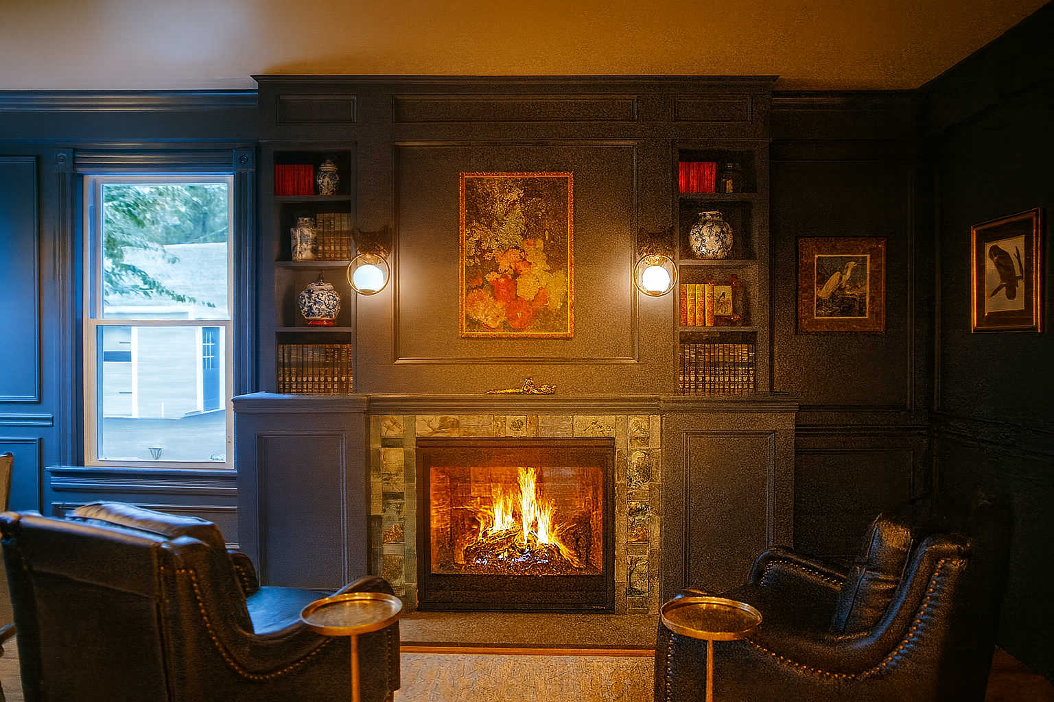 Cozy, dark-paneled living space with a lit fireplace, built-in bookshelves, two leather armchairs, and a window, creating a warm and inviting atmosphere.
