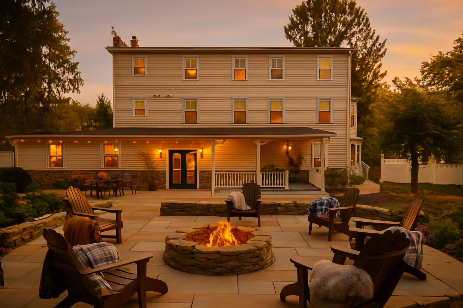Outdoor patio area with a stone fire pit surrounded by Adirondack chairs, set against the back of the house with illuminated windows and a warm sunset glow. The patio is paved with large square tiles.