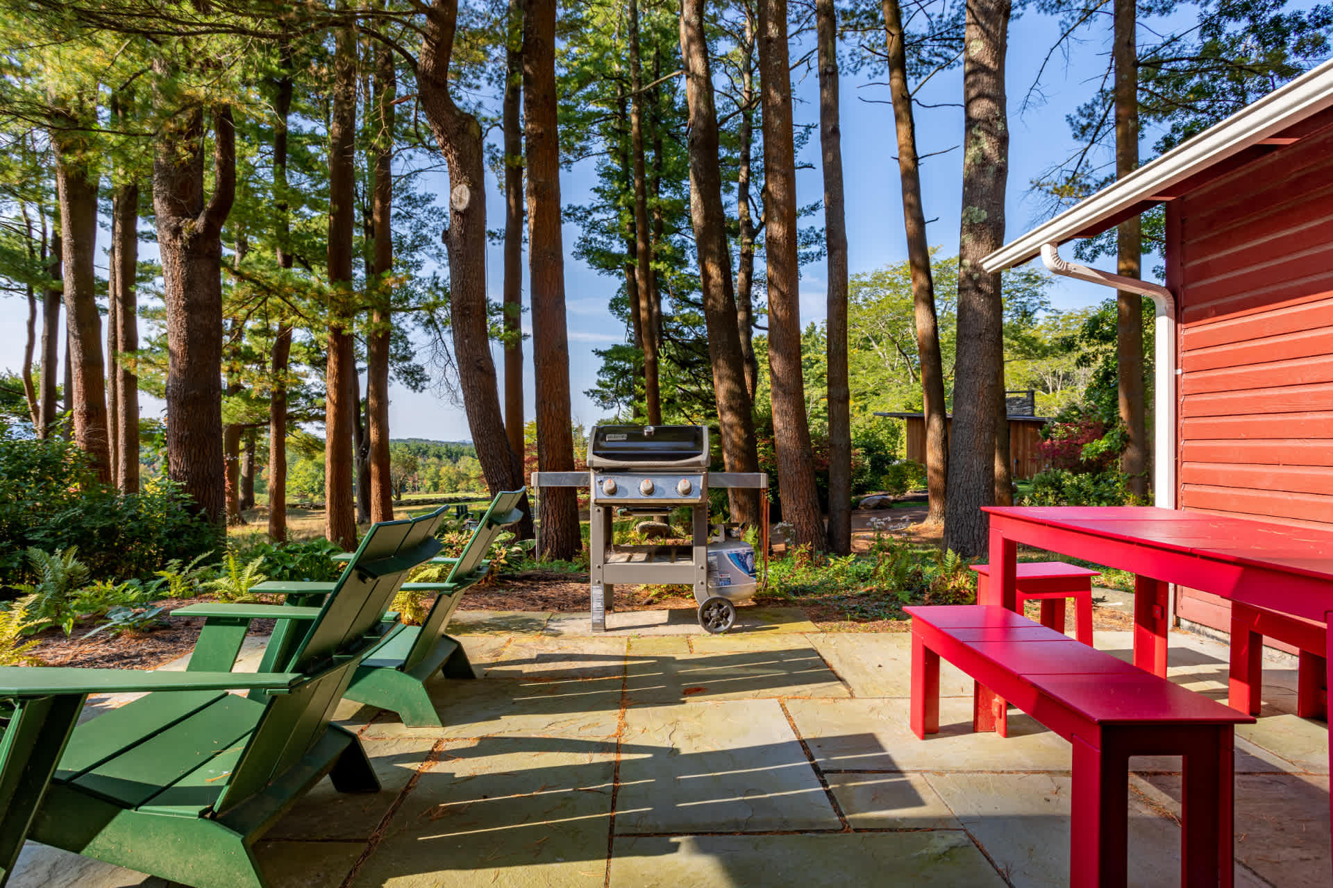 Spacious outdoor patio with flagstone pavers, featuring a gas BBQ grill, two green Adirondack chairs, and a bright red picnic table with benches. Tall pine trees provide a natural backdrop, creating a serene outdoor dining and relaxation area.