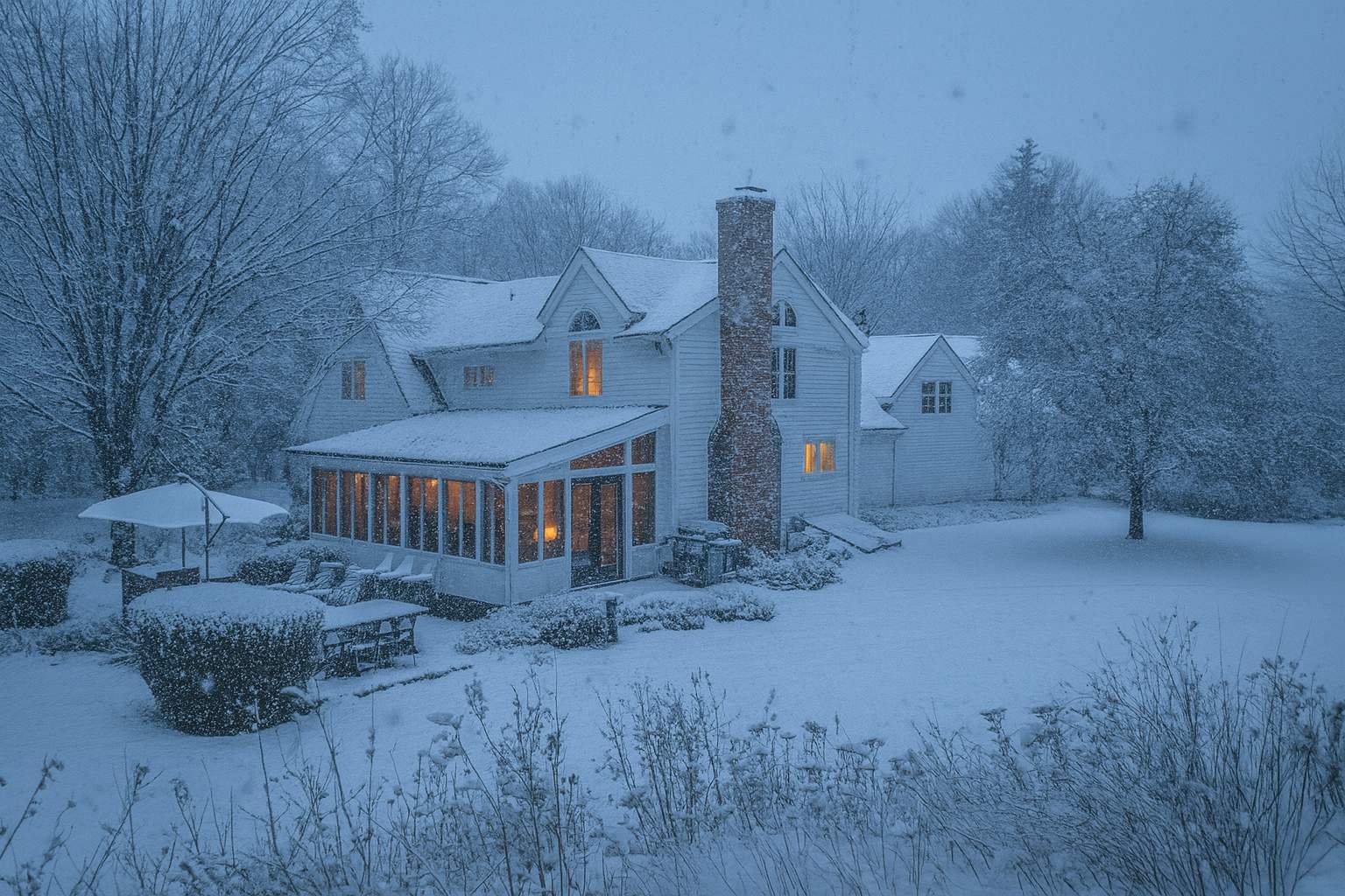 The rear of a white house blanketed in fresh snow, featuring a cozy enclosed sunroom with warm lights glowing from within. Bare trees and snow-covered bushes create a serene winter landscape around the property.
