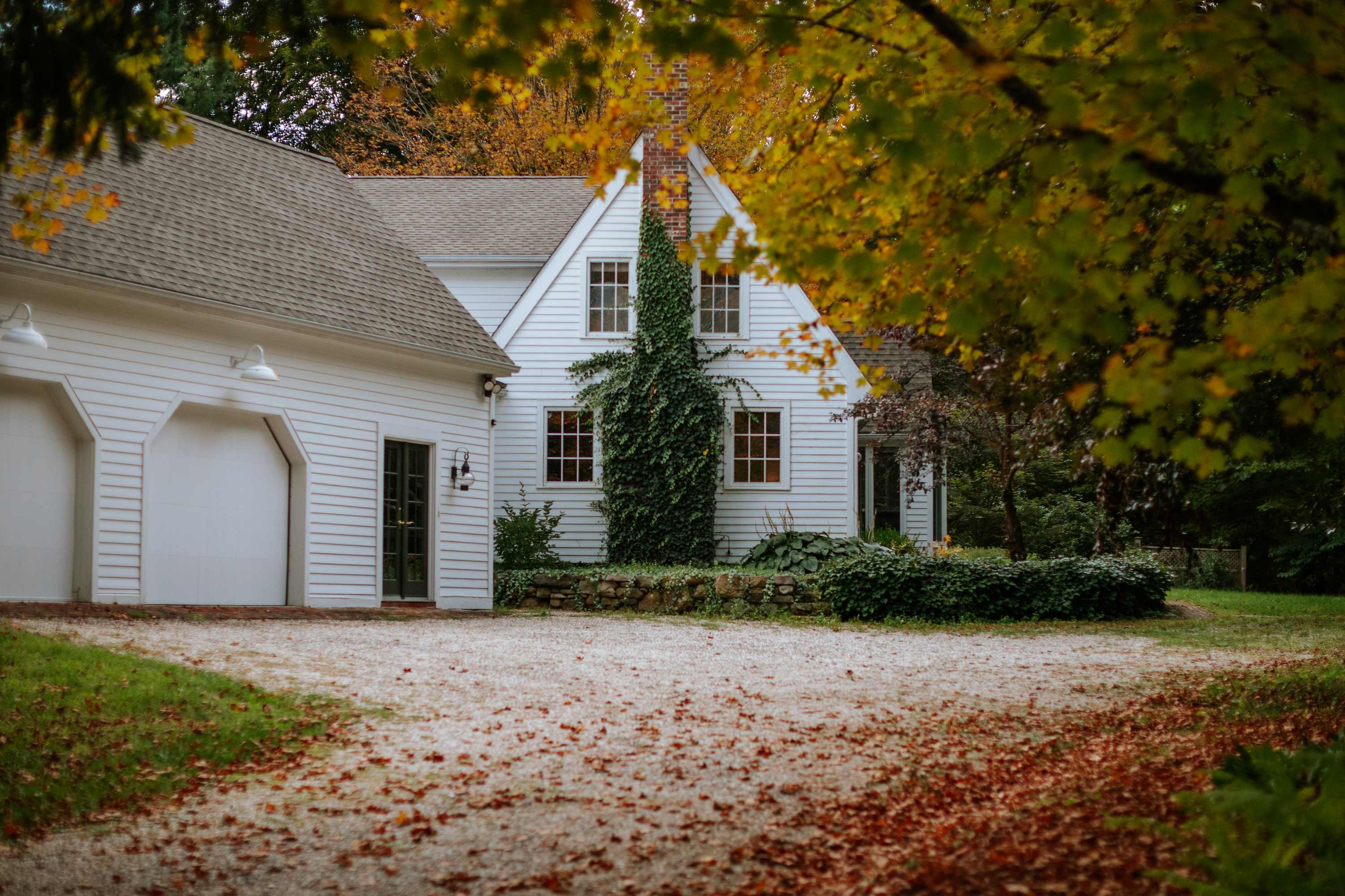 A charming white clapboard house with a prominent attached garage and a gravel driveway, framed by vibrant autumn trees. Green ivy gracefully climbs the front facade, adding a touch of natural elegance.
