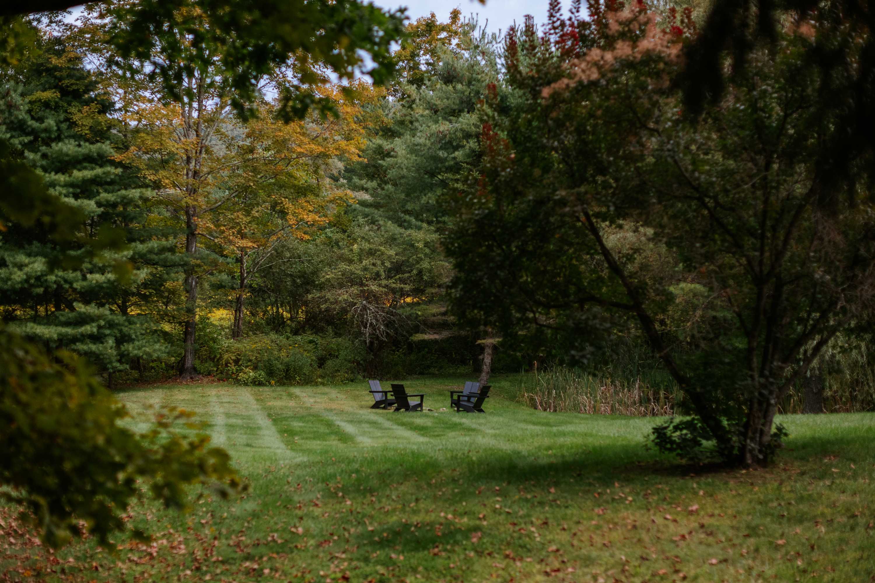 A peaceful grassy yard with three Adirondack chairs arranged in a clearing, surrounded by lush trees and foliage. The area appears well-maintained with mown stripes in the grass, offering a quiet spot for relaxation.