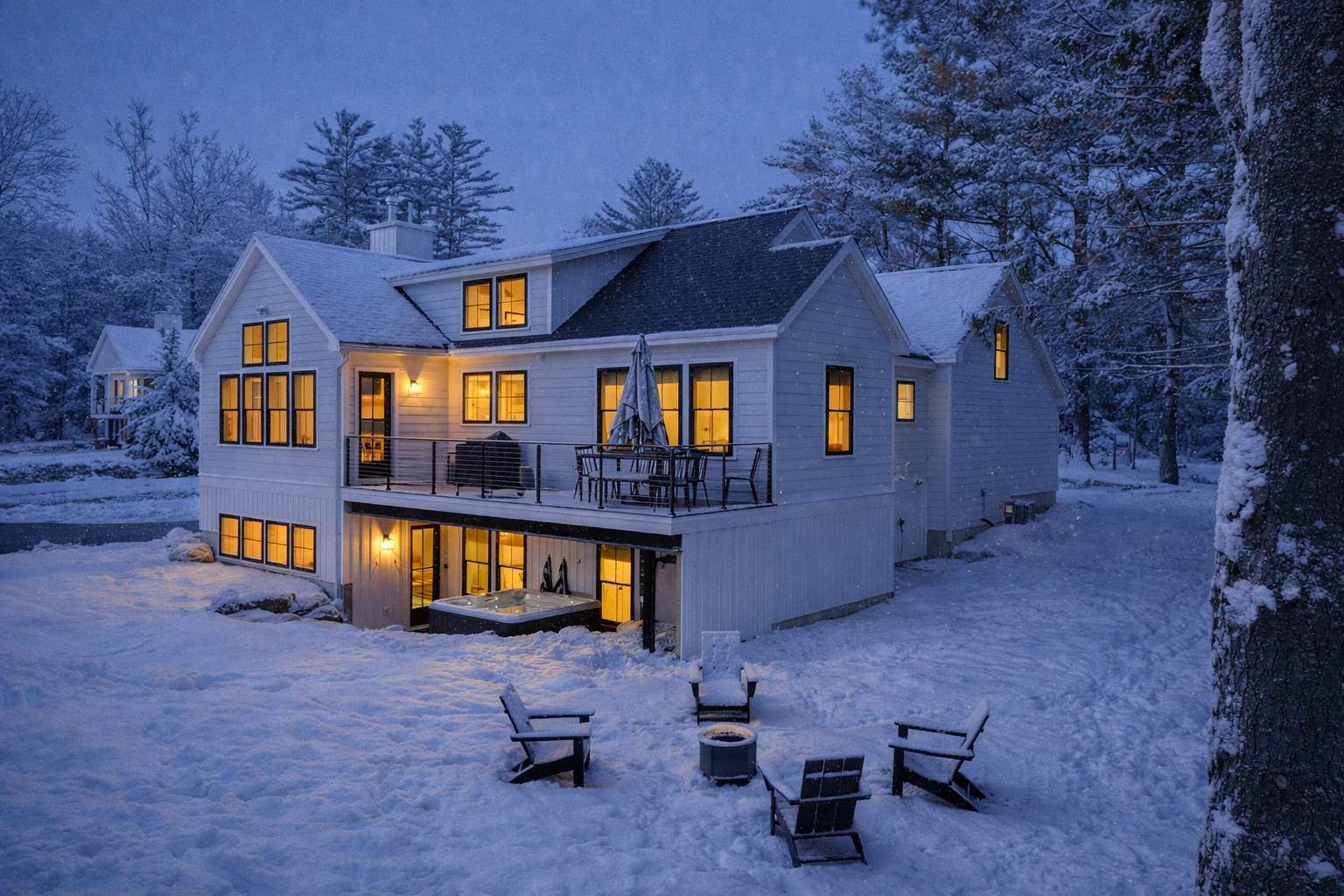 The back of a modern white farmhouse covered in snow at dusk, with warm light emanating from its many windows. A deck with an umbrella and outdoor seating is visible, with a hot tub below and a fire pit area surrounded by snow-covered chairs.