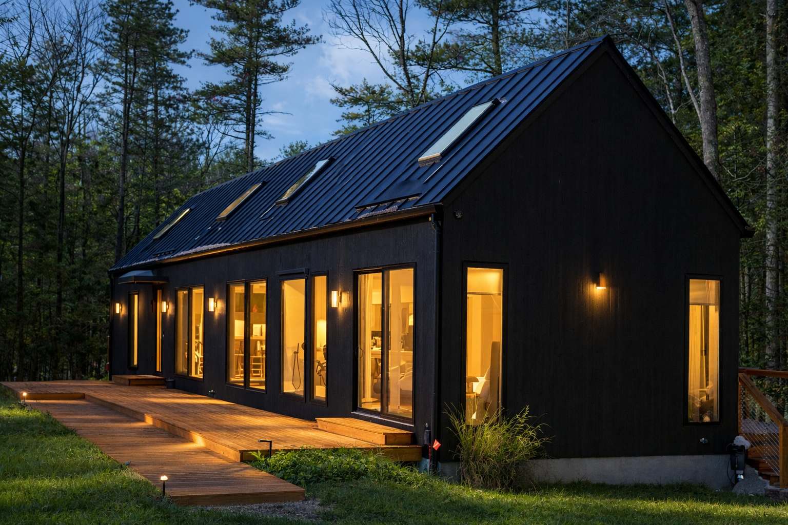 Long, modern black cabin with a dark metal roof and numerous illuminated windows, featuring a wide wooden walkway/deck along its side, nestled among tall trees under a twilight sky.