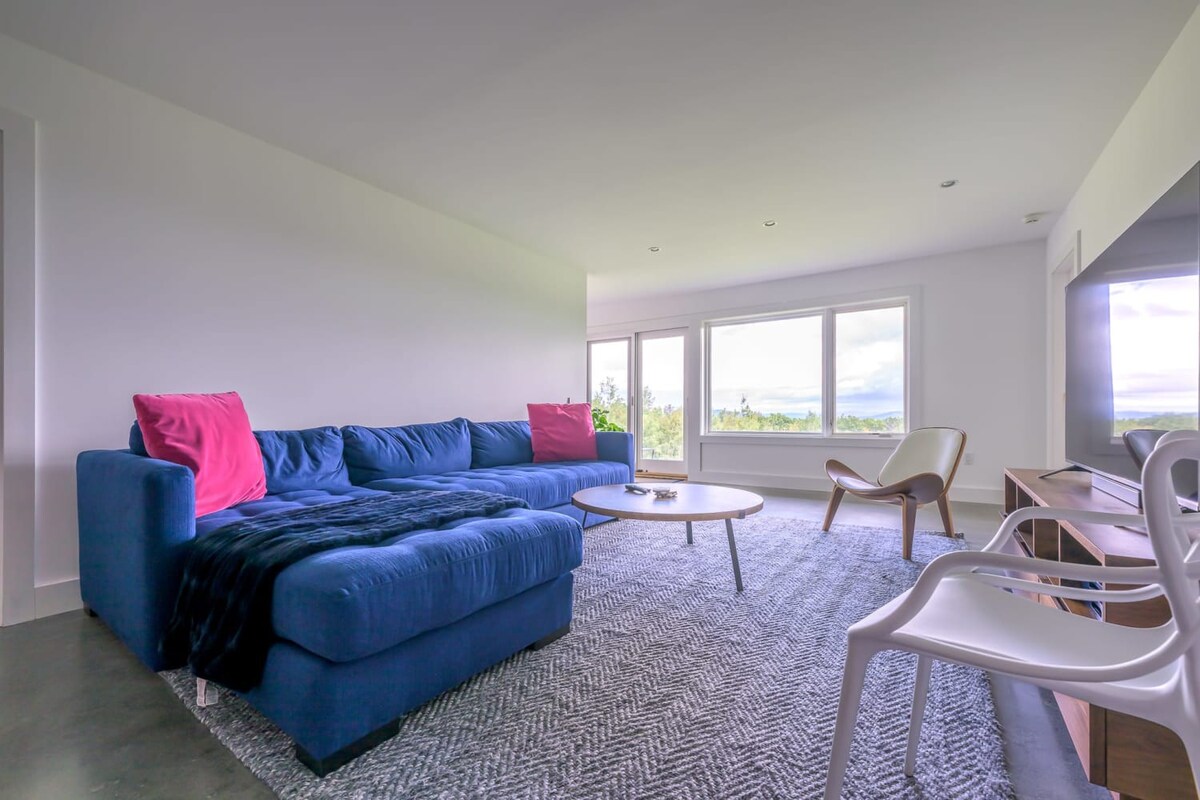 Cozy secondary living room with a large blue sectional sofa adorned with pink pillows, a round coffee table, and a patterned rug, featuring large windows that provide views of the distant landscape.