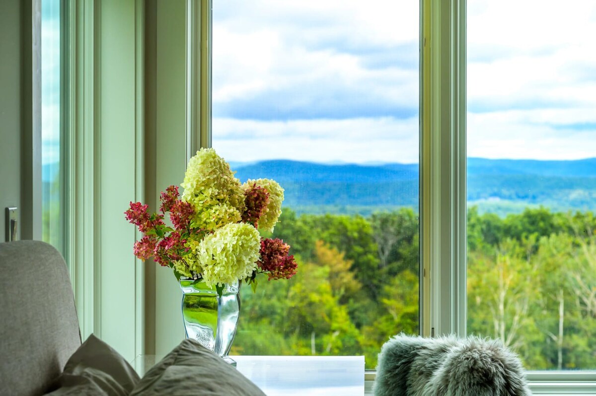 A close-up view through a large window in a bedroom, showcasing vibrant green trees and distant blue mountains under a bright sky, with a vase of colorful hydrangeas in the foreground.