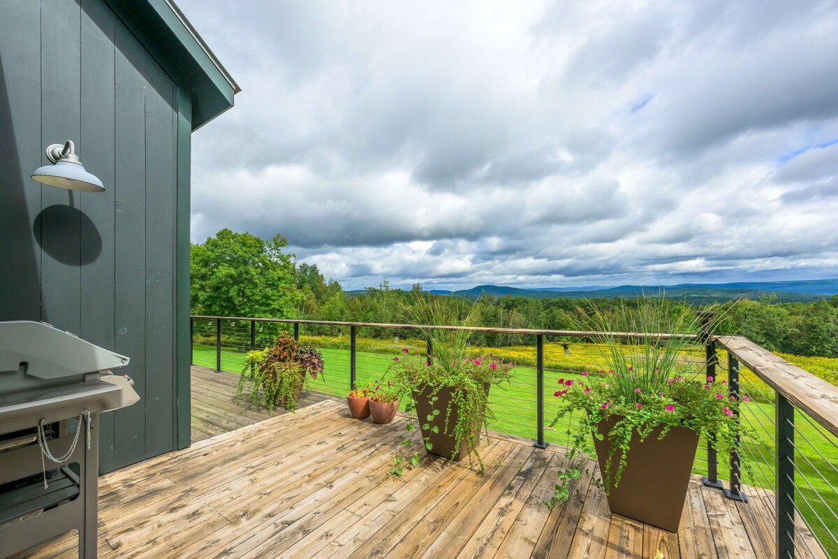 Wide view of the wooden deck with cable railings, showcasing large potted plants and a BBQ grill. The deck overlooks a vast green landscape with distant mountains under a dramatic sky.