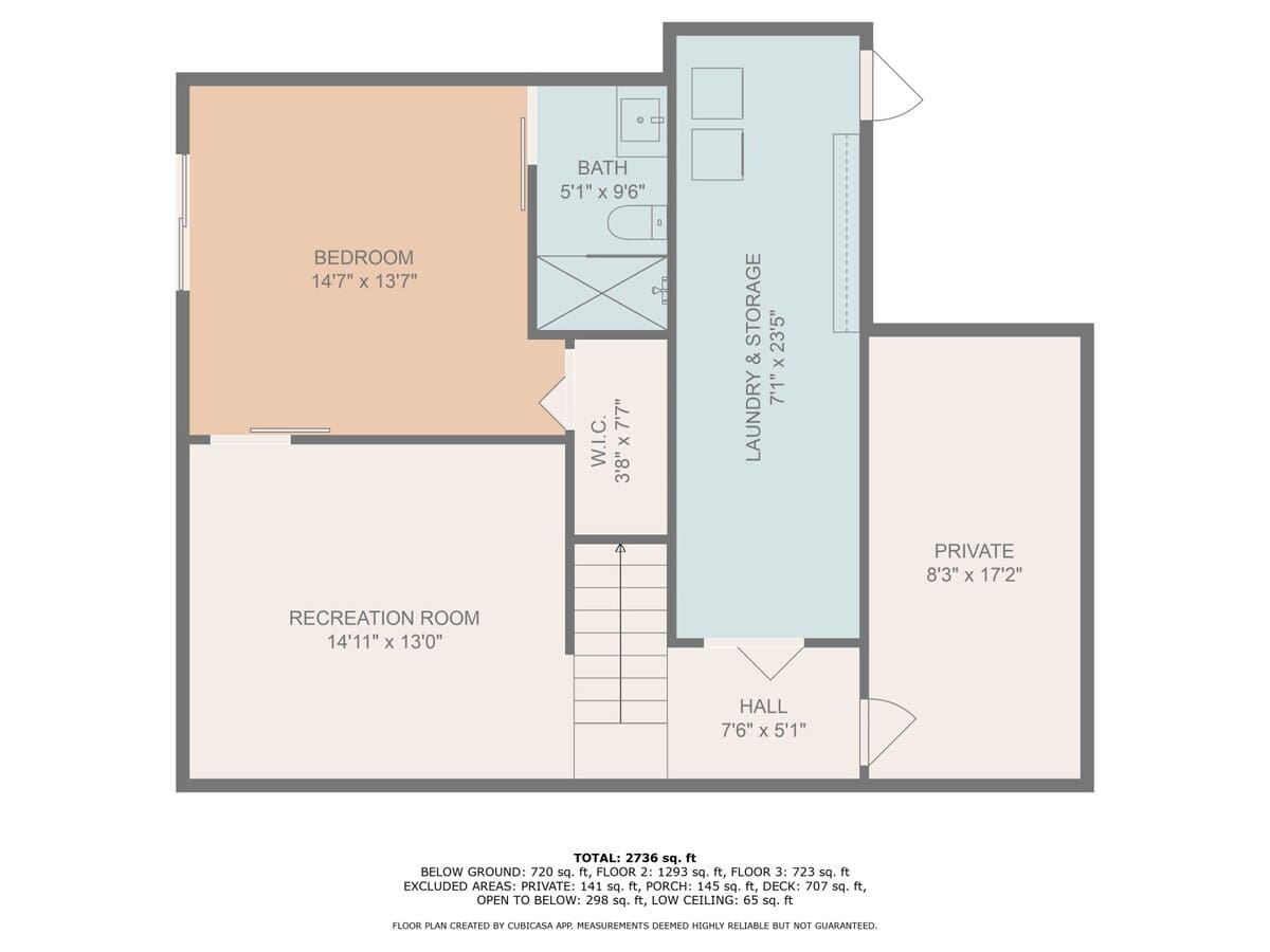 Floor plan illustrating the first floor (below ground) layout, including a bedroom, bathroom, recreation room, laundry and storage area, and a walk-in closet.