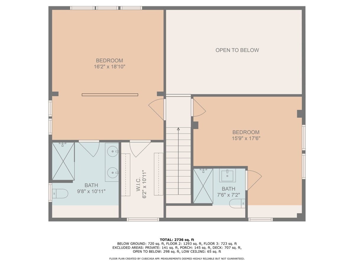 Floor plan detailing the third floor layout, featuring two bedrooms, two bathrooms, and a walk-in closet, with an 'open to below' area visible.