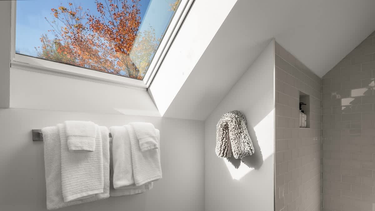 Bright bathroom featuring a large skylight offering views of autumn trees, a towel rack with white towels, and a glimpse of the tiled walk-in shower.