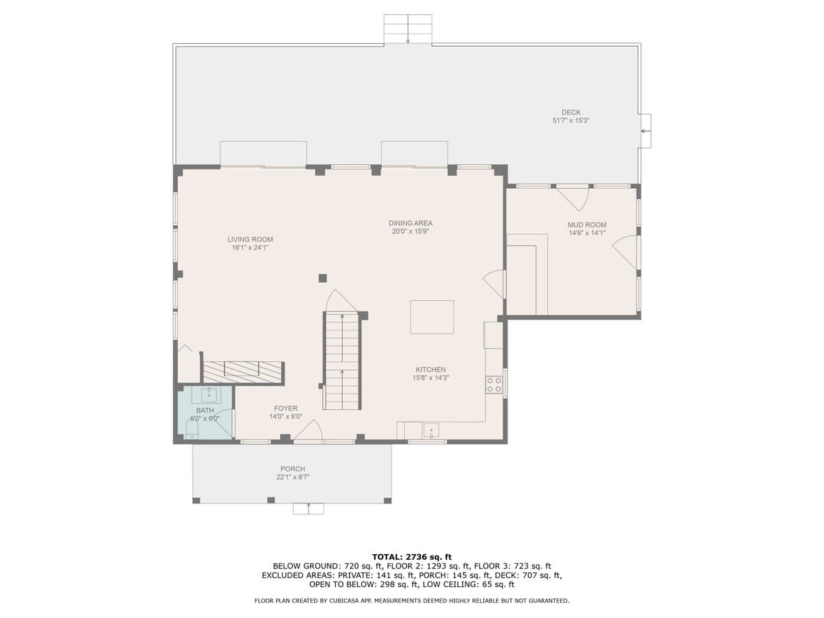 Detailed floor plan illustrating the layout of the second floor, including the living room, dining area, kitchen, mudroom, foyer, and a half bath, with dimensions for each space.