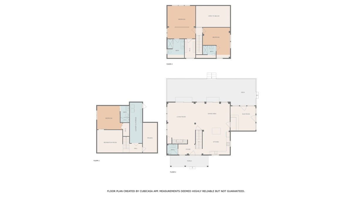A multi-level floor plan diagram showing the layout of the house, including bedrooms, bathrooms, living areas, kitchen, and a deck, with measurements deemed reliable but not guaranteed.