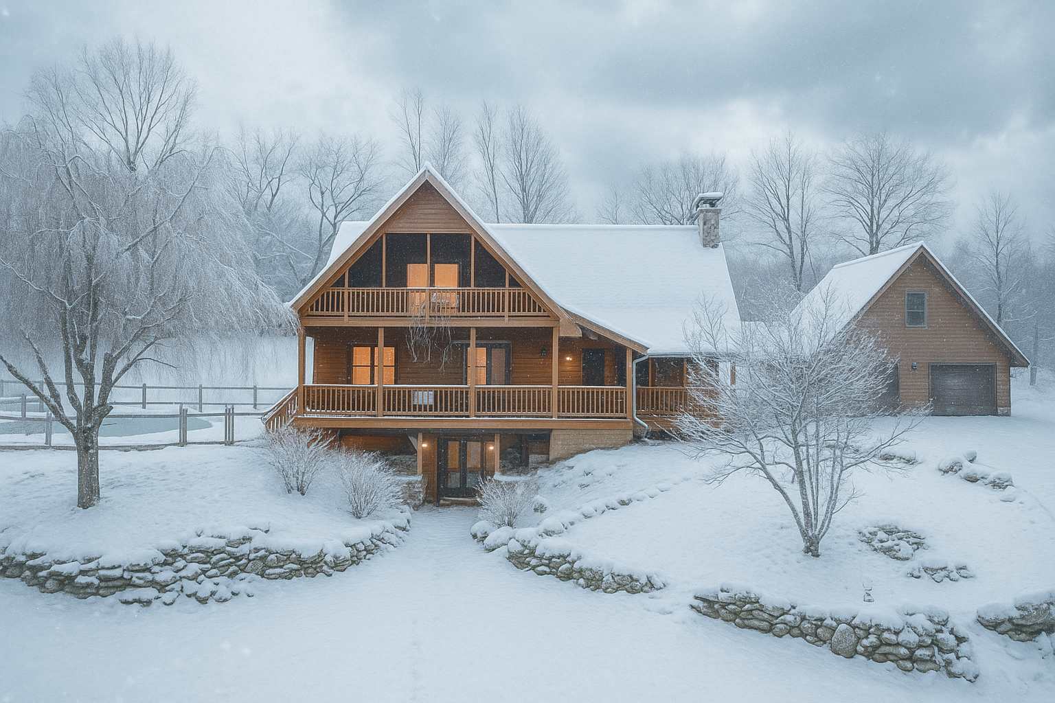 A charming wooden A-frame house with a snow-covered roof and a prominent stone chimney stands amidst a winter wonderland. Snow blankets the ground, trees, and the surrounding landscape, creating a serene and cozy atmosphere.