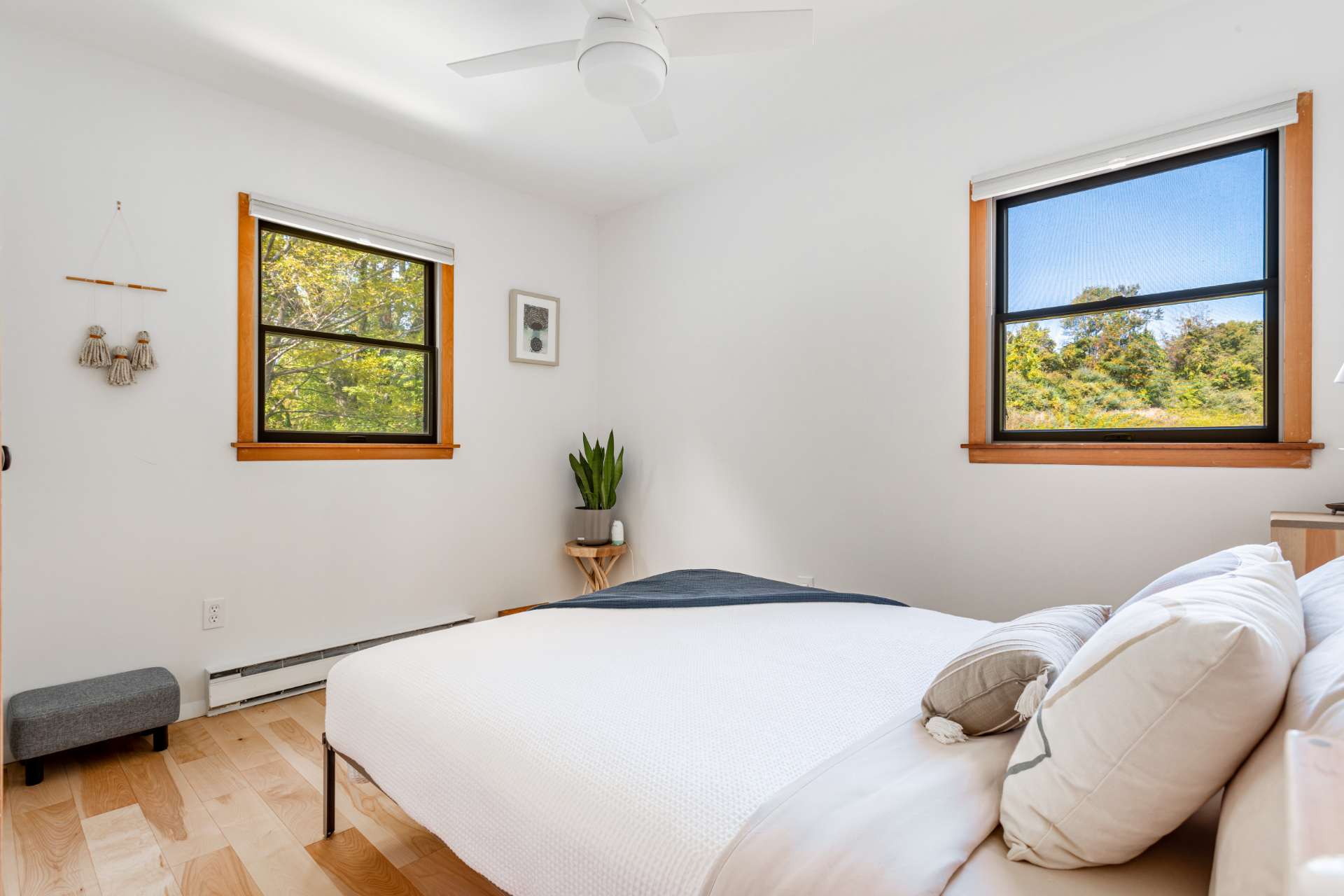 A bright bedroom with white walls, light hardwood floors, and two large windows offering views of lush greenery. A white bed with a blue throw blanket and a ceiling fan are visible.