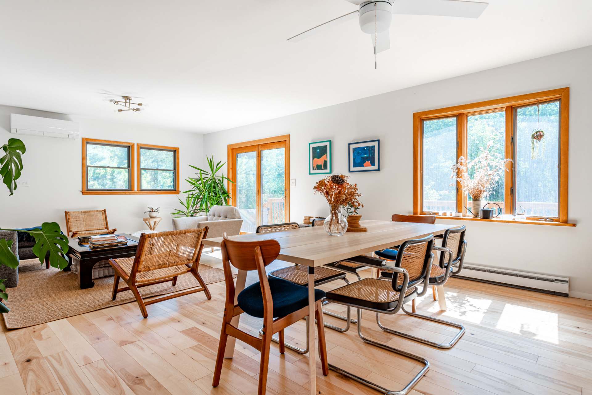 Bright open-concept living and dining area with light hardwood floors and white walls, featuring a long wooden dining table surrounded by mixed chairs. Large windows and sliding glass doors offer views of the outdoors, with a ceiling fan above the dining table.