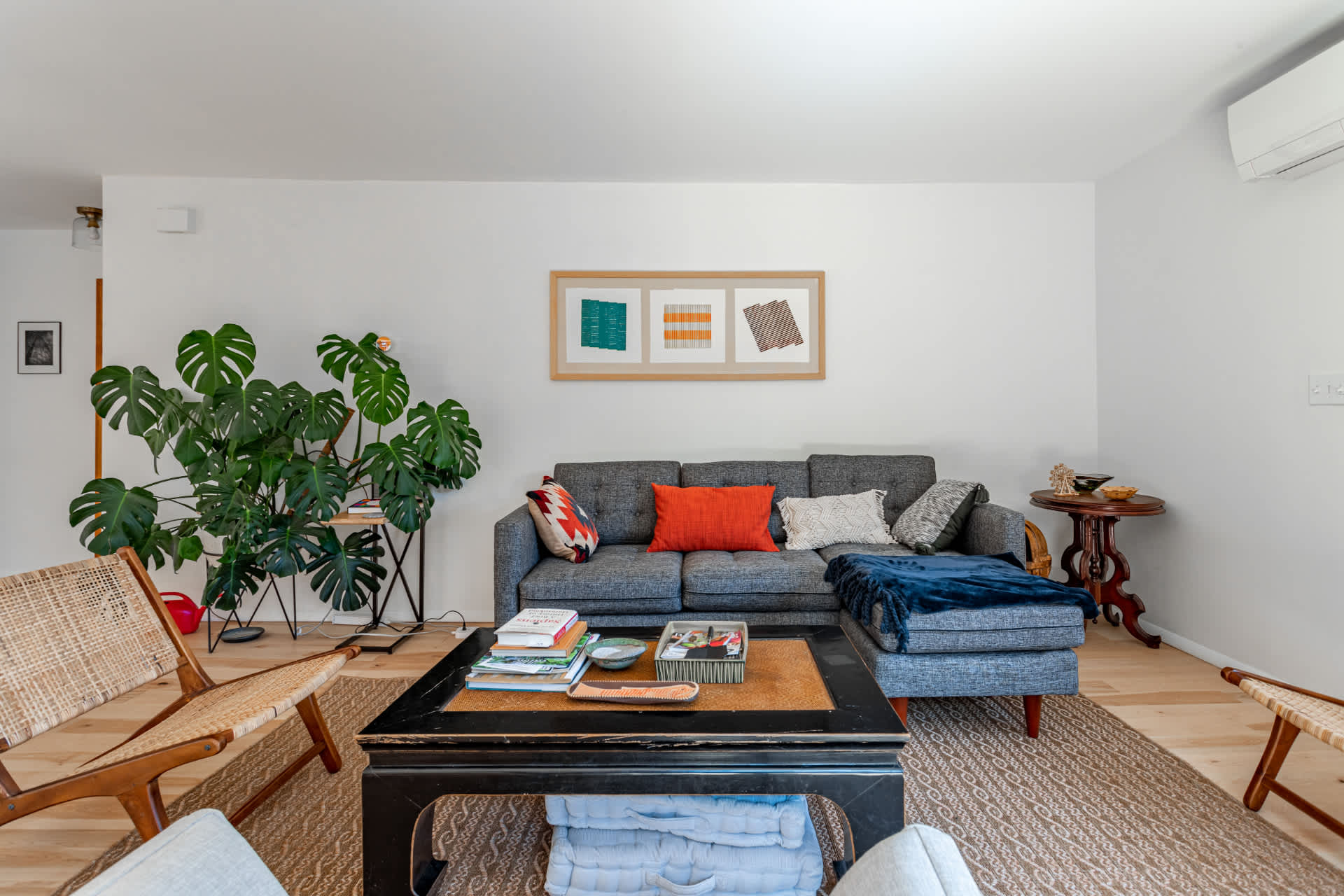 Bright living room featuring a gray sectional sofa adorned with colorful pillows and a blue throw, facing a dark wood coffee table on a patterned rug. A large Monstera plant adds greenery, and modern art hangs on the white wall.