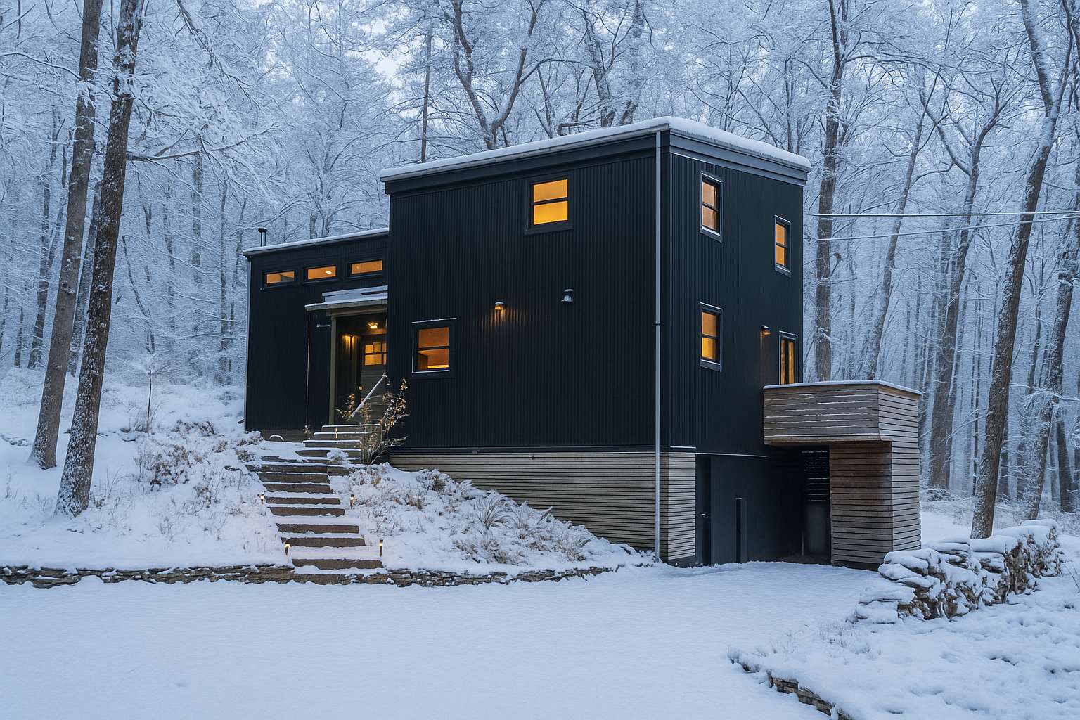 Striking black modern house with corrugated metal siding, partially covered in snow, set against a backdrop of snow-dusted trees under a soft, overcast sky.