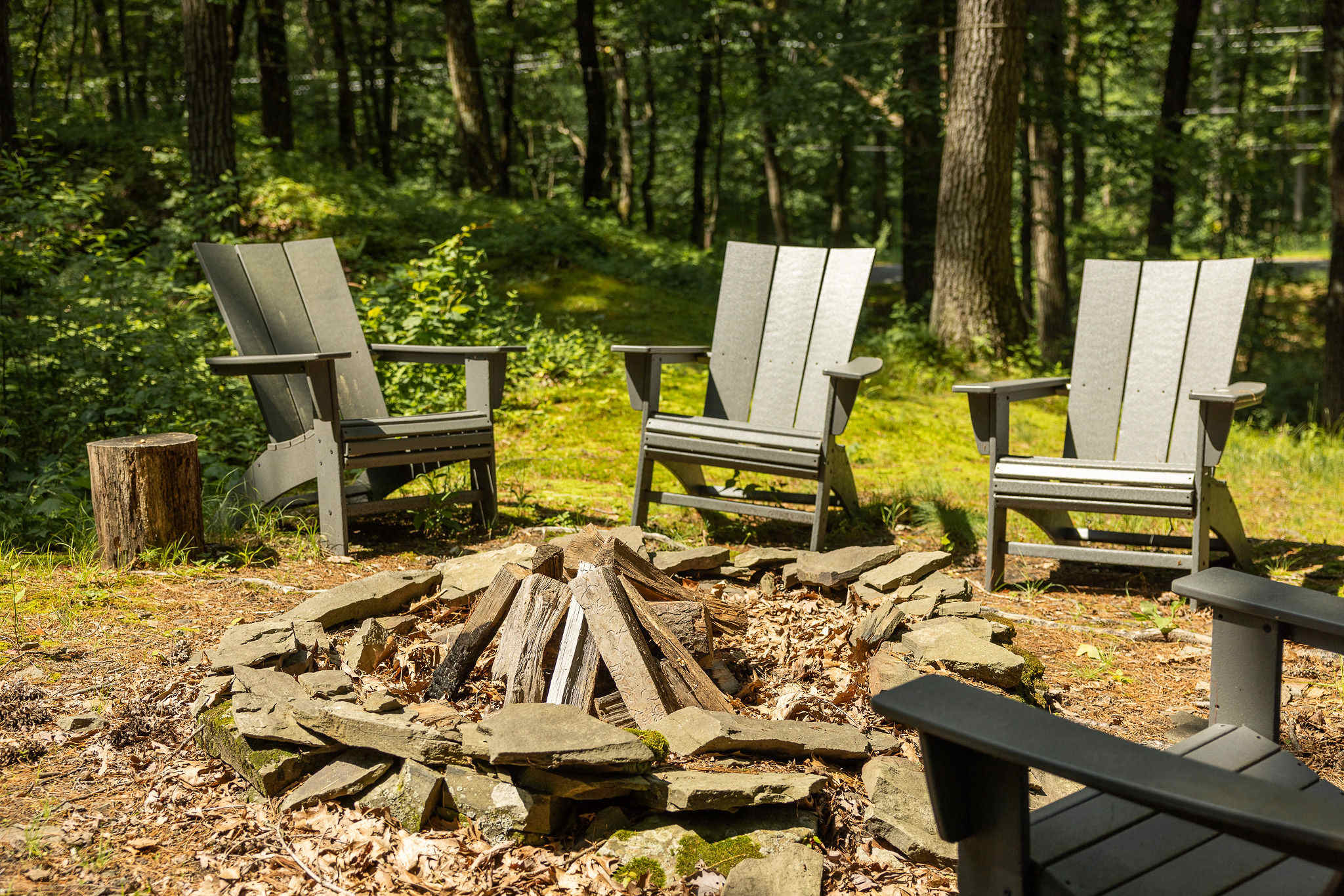 Outdoor fire pit area with a stone-lined fire pit filled with logs, surrounded by several grey Adirondack chairs. The setting is nestled among tall green trees, suggesting a secluded natural environment.