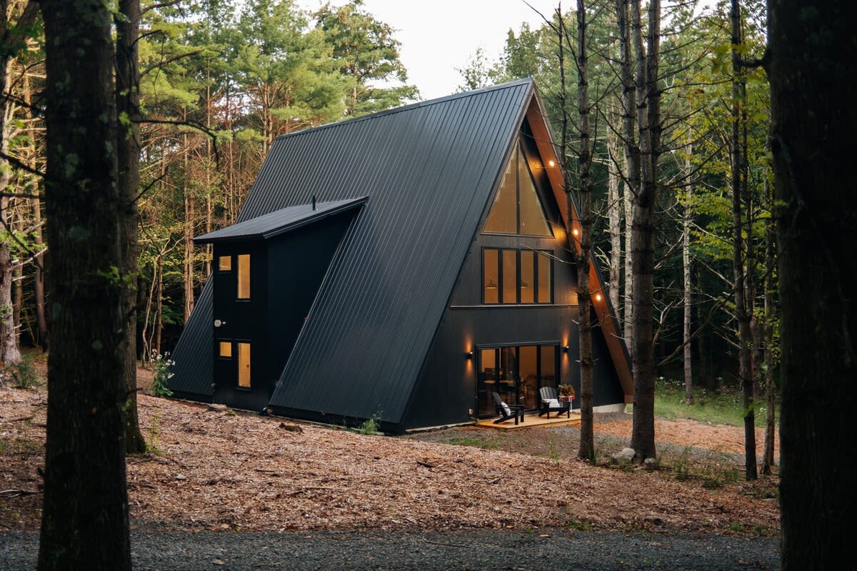 Modern black A-frame cabin nestled in a dense forest, featuring a dark metal roof and large windows on the front facade. The surrounding ground is covered in fallen leaves and pine needles.