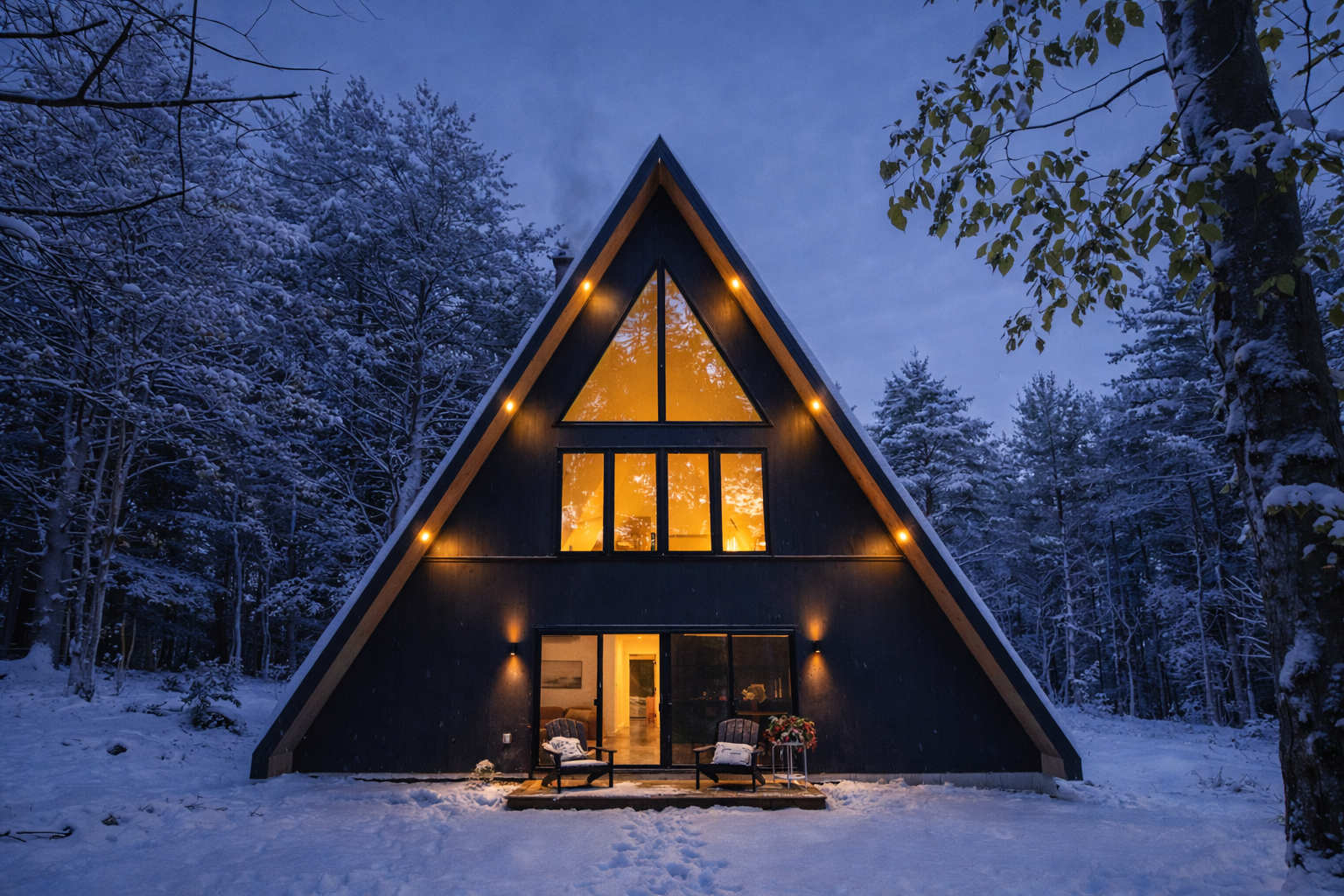 Dramatic night view of a black A-frame cabin in a snowy forest, with its large triangular and rectangular windows glowing warmly. Snow covers the ground and trees, enhancing the secluded mountain escape feel.