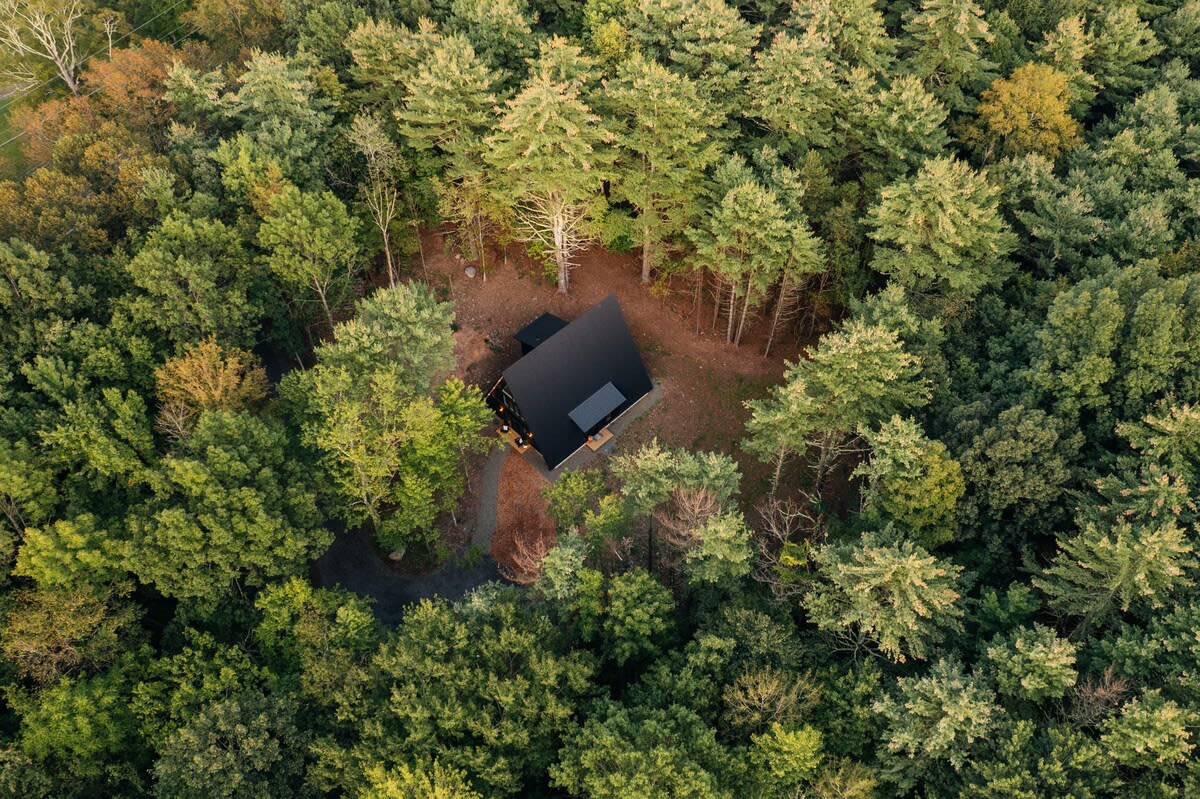Aerial view of the black A-frame cabin, with its dark roof contrasting against the vibrant green canopy of the surrounding dense forest, highlighting its secluded location.