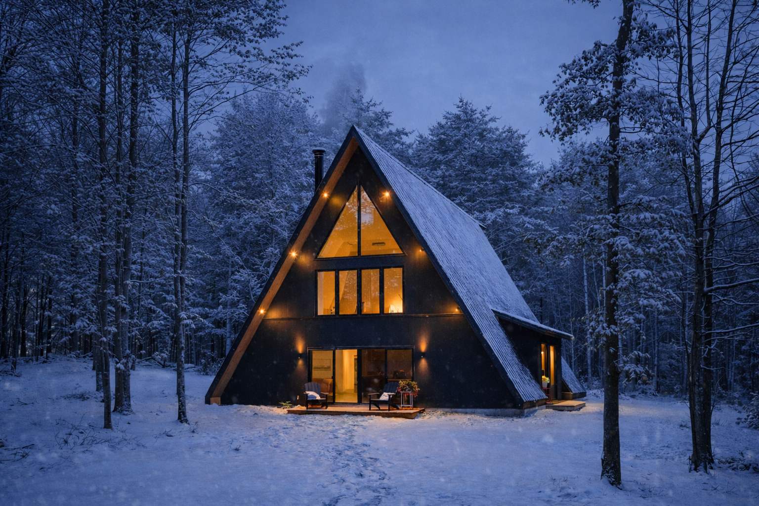 Enchanting black A-frame cabin illuminated at night, covered in a fresh blanket of snow and surrounded by snow-dusted trees. Warm light spills from the large windows, creating a cozy ambiance.